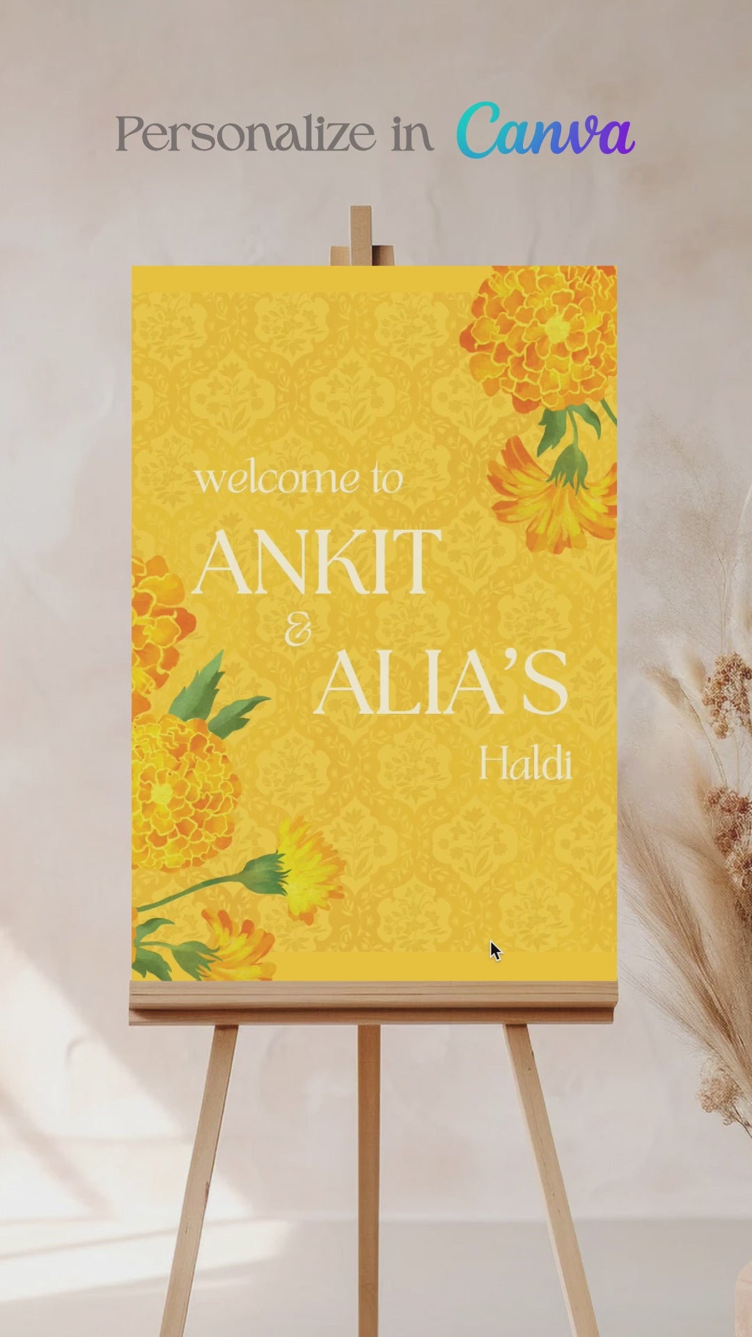 Retro Floral Wedding Welcome Sign. Event Welcome Sign. Shades of yellow. Baby Shower. Yellow magnolia florals. Indian Wedding. Birthday and Celebration. Engagement Stationery. Wedding Stationery. DIY Stationery. Digital Download. Canva. Indian Weddings. Reception. Personalize. Customize. Anand Karaj, Mehndi, Sangeet, Haldi