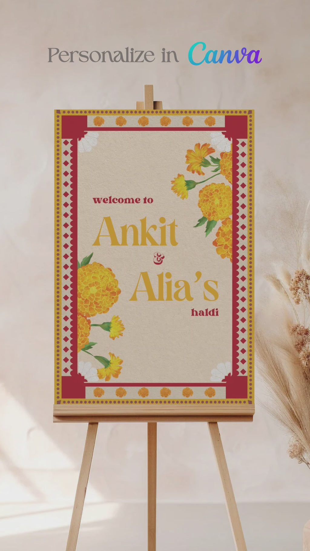 Retro Floral Wedding Welcome Sign. Event Welcome Sign. Shades of yellow, red and beige. Baby Shower. Yellow magnolia florals. Indian Wedding. Birthday and Celebration. Engagement Stationery. Wedding Stationery. DIY Stationery. Digital Download. Canva. Indian Weddings. Reception. Personalize. Customize. Anand Karaj, Mehndi, Sangeet, Haldi