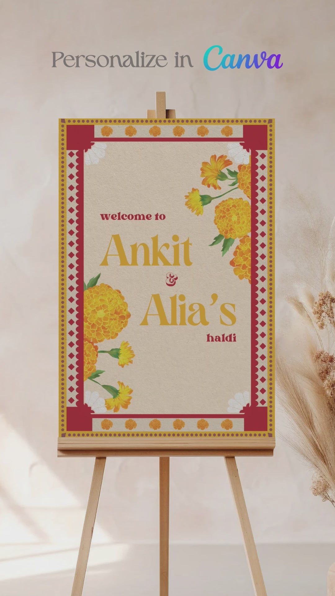 Retro Floral Wedding Welcome Sign. Event Welcome Sign. Shades of yellow, red and beige. Baby Shower. Yellow magnolia florals. Indian Wedding. Birthday and Celebration. Engagement Stationery. Wedding Stationery. DIY Stationery. Digital Download. Canva. Indian Weddings. Reception. Personalize. Customize. Anand Karaj, Mehndi, Sangeet, Haldi