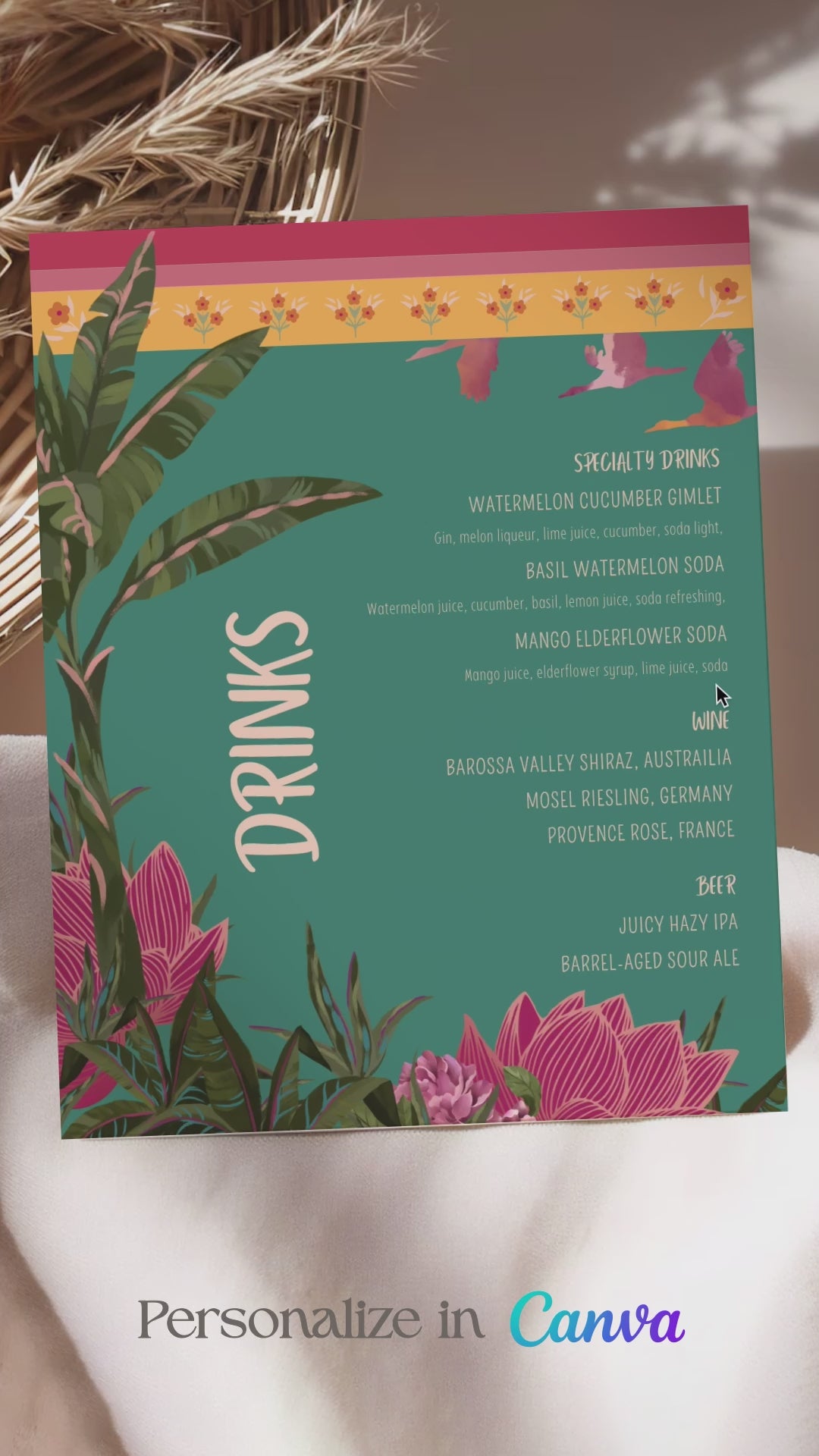 Tropical Jungle Wedding Bar Menu with palm trees & pink florals. Reception bar menu. Birthday dink menu. Editable drink menu in Canva. Indian Wedding events for Sangeet, Haldi, Maiyan or Jago. Wedding Signage. The bar or drinks sign. Drink menu. 8" x 10" menu design. Personalize and customize in Canva. Digital Download.  Print around the world at a local print shop.