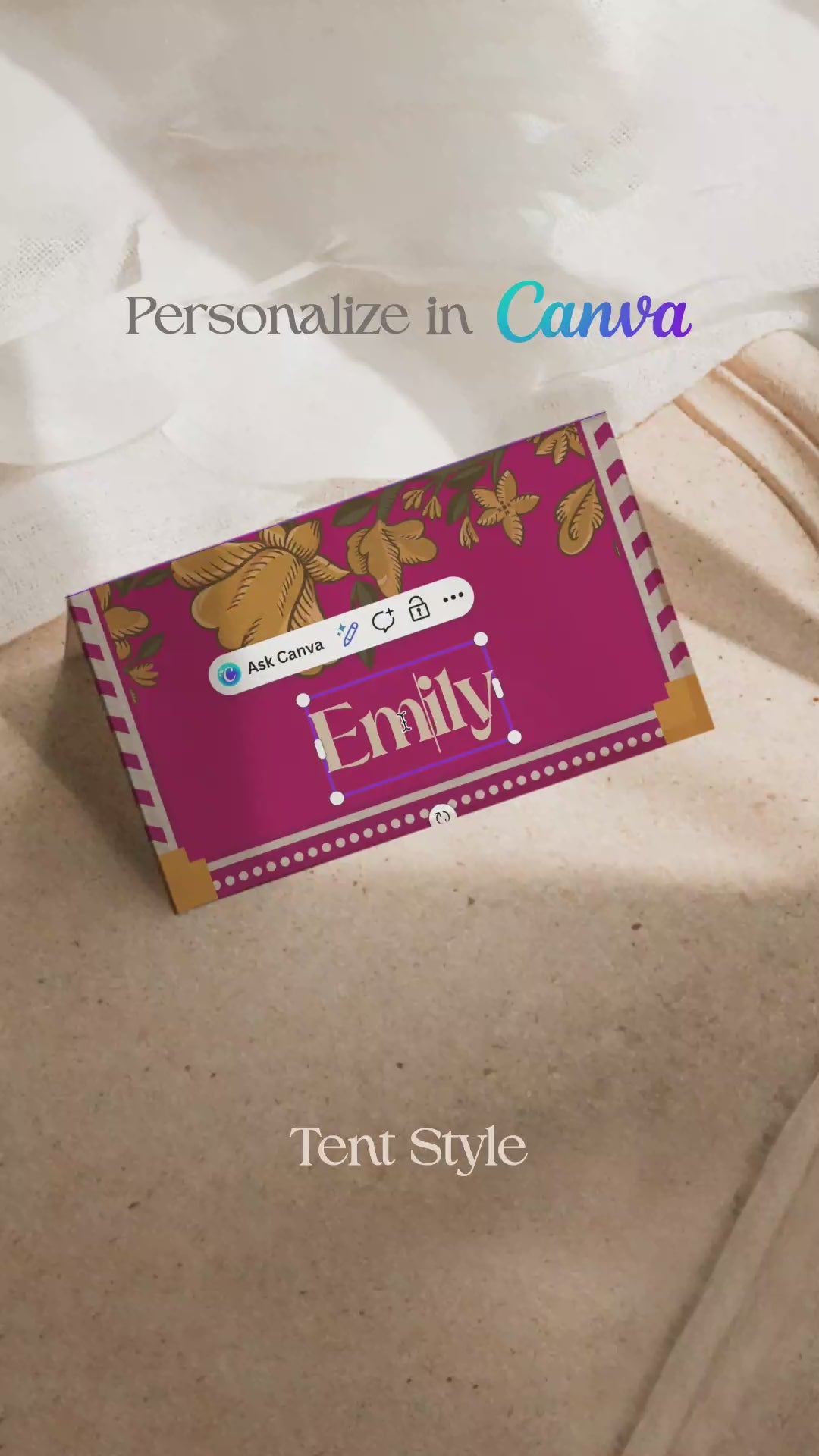 Indian Retro hot pink, yellow & beige marigold floral Wedding Escort Card with yellow marigold florals. Traditional Indian wedding stationery & name place card. Guest name card. Indian Wedding events for Sangeet, Haldi, Maiyan or Jago. Wedding Signage. Personalize and customize in Canva. Digital Download.  Print around the world at a local print shop.
