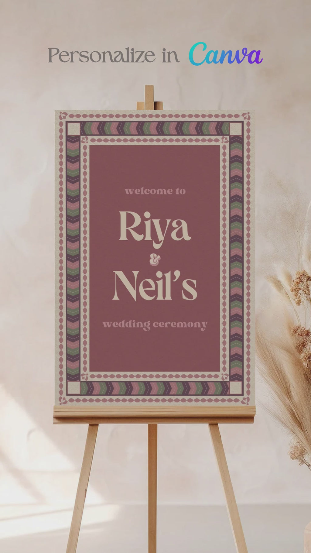 Retro Wedding Welcome Sign. Event Welcome Sign. Shades of purple, green and beige. Chevron Pattern. Baby Shower. Birthday and Celebration. Engagement Stationery. Wedding Stationery. DIY Stationery. Digital Download. Canva. Indian Weddings. Reception. Personalize. Customize. Anand Karaj, Mehndi, Sangeet, Haldi