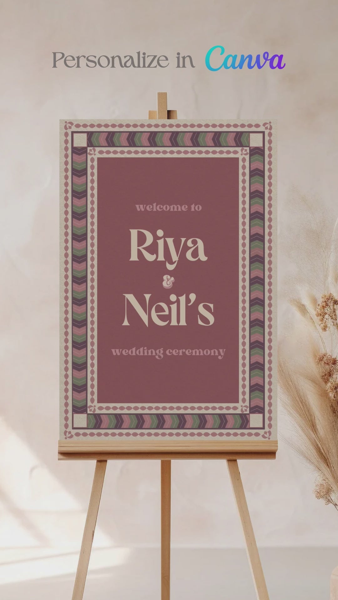 Retro Wedding Welcome Sign. Event Welcome Sign. Shades of purple, green and beige. Chevron Pattern. Baby Shower. Birthday and Celebration. Engagement Stationery. Wedding Stationery. DIY Stationery. Digital Download. Canva. Indian Weddings. Reception. Personalize. Customize. Anand Karaj, Mehndi, Sangeet, Haldi