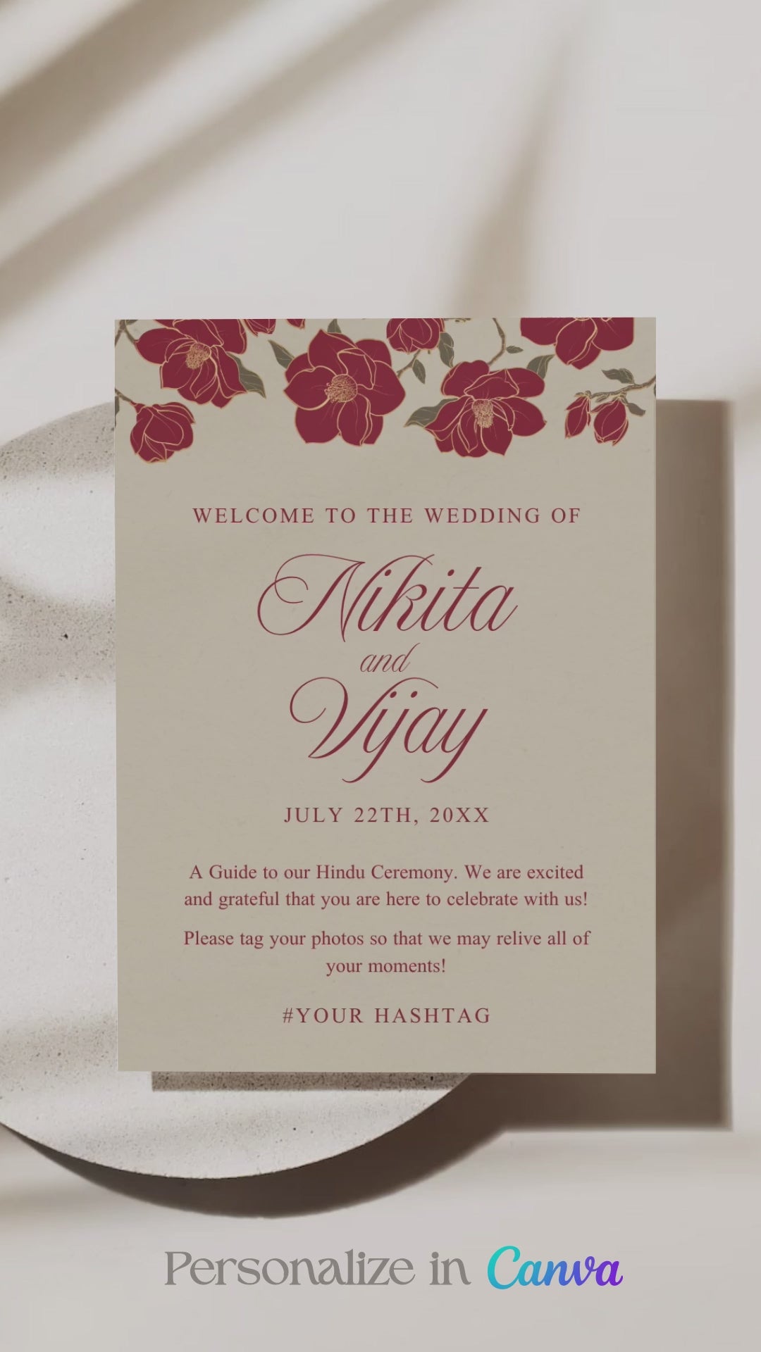Rose Red & Gold Floral Wedding program card with a beige background. Wedding steps for hindu ceremony. Wedding program for sikh weddings. Wedding program steps ceremonies. Bridal Shower stationery. Baby Shower Signage. Personalize and customize in Canva. Digital Download. Print anywhere in the World at your local printer