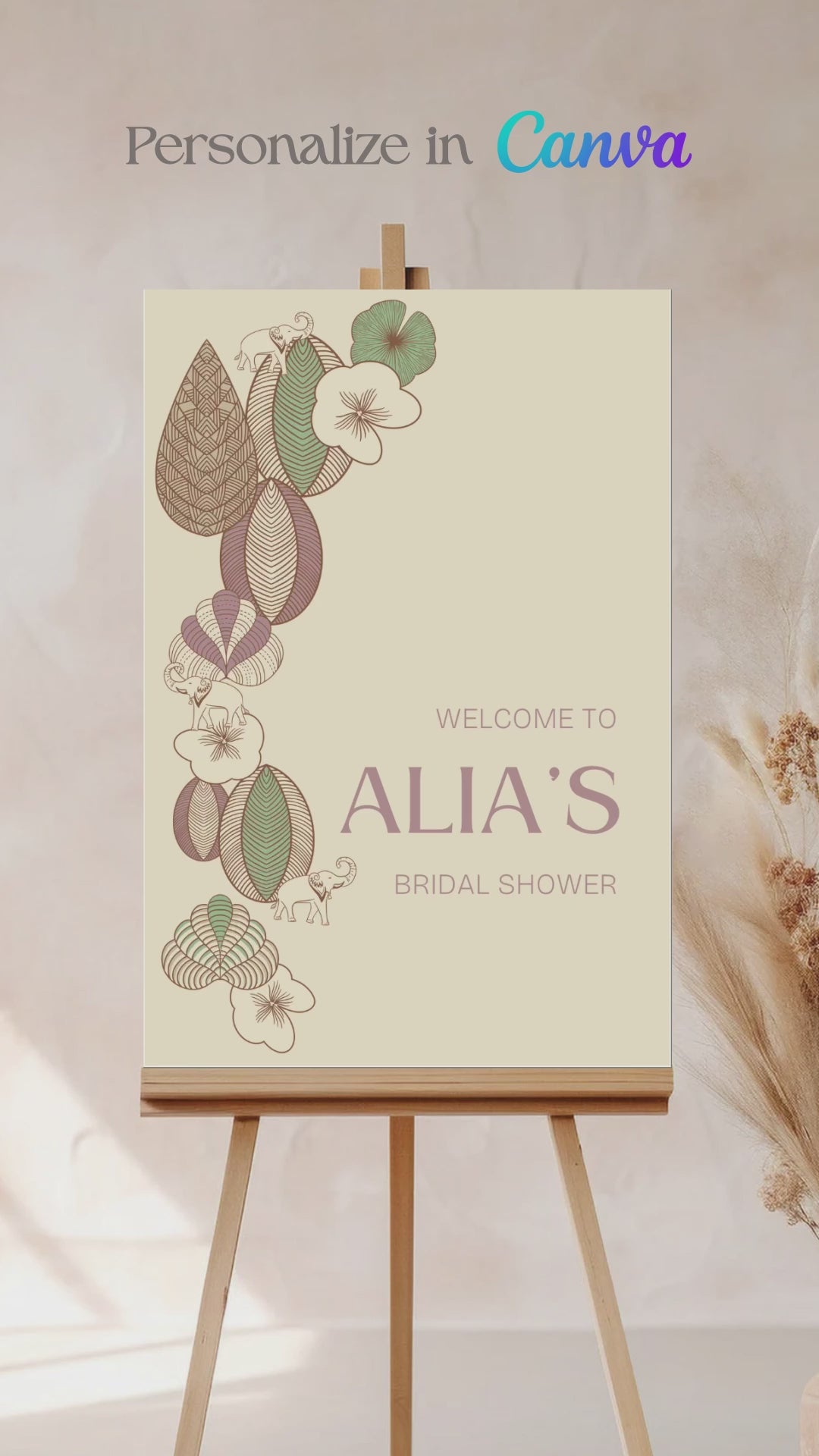 Soft floral & elephant welcome sign for event celebrations. Soft yellow. Signage for various celebrations. Weddings, Gender Reveal, Baby Shower, Birthdays. Personalize and customize in Canva. Print at any local printer around the World