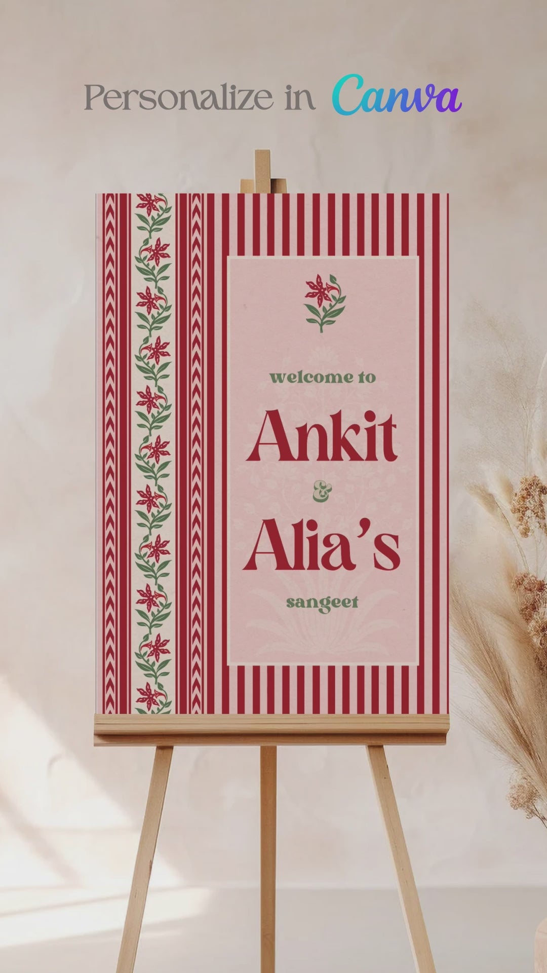 Jaipur block print Welcome Sign with florals stripes and chevron pattern in the shades of red, pink, and beige. Indian Wedding Events like jago, sangeet, mehndi, haldi, chunni & maiyan. Inspired by Villa Palladio Jaipur. Palace Arches. Traditional and modern indian design. Personalize and customize in Canva. Print at any local printer around the World.