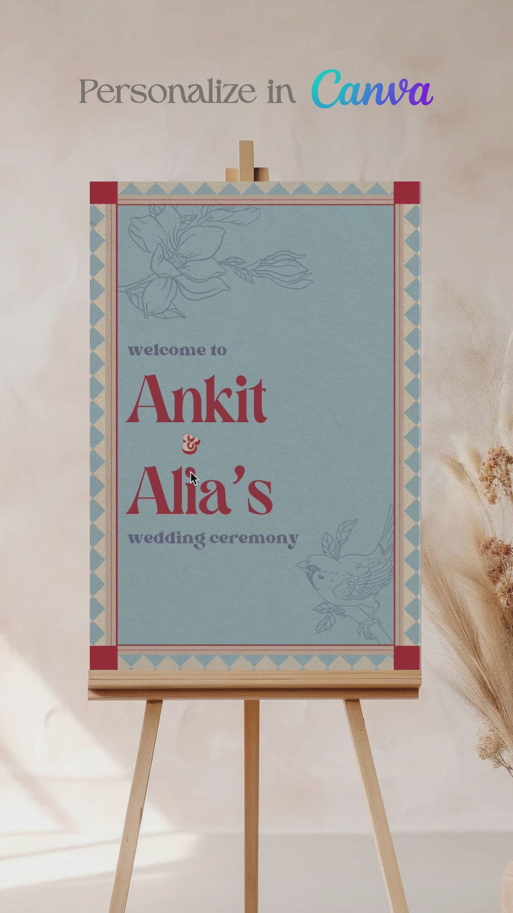 Retro Floral Wedding Welcome Sign. Event Welcome Sign. Shades of blue, red and beige. Baby Shower. Indian Wedding. Birthday and Celebration. Engagement Stationery. Wedding Stationery. DIY Stationery. Digital Download. Canva. Indian Weddings. Reception. Personalize. Customize. Anand Karaj, Mehndi, Sangeet, Haldi