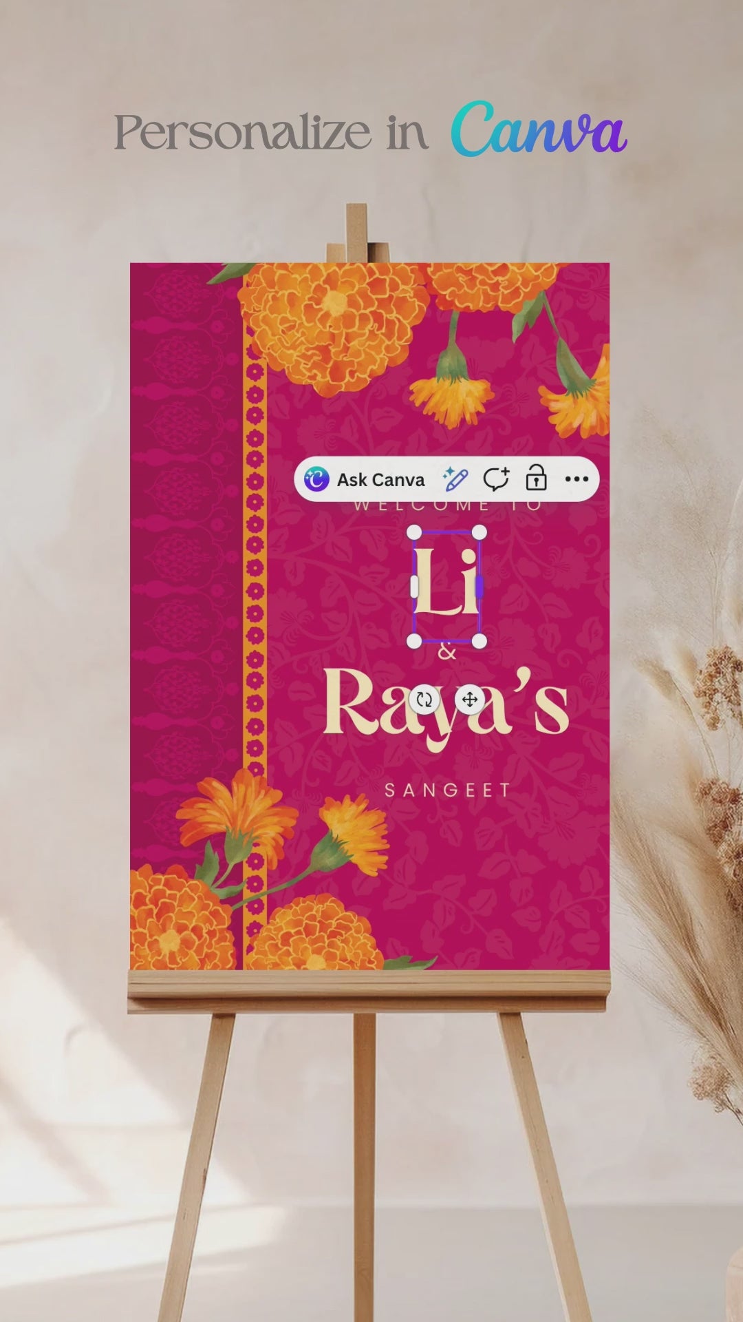 Orange Retro Wedding Welcome Sign with orange marigold florals. Indian Wedding events for Sangeet, Haldi, Maiyan or Jago. Wedding Signage. Personalize and customize in Canva. Digital Download.  Print around the world at a local print shop.