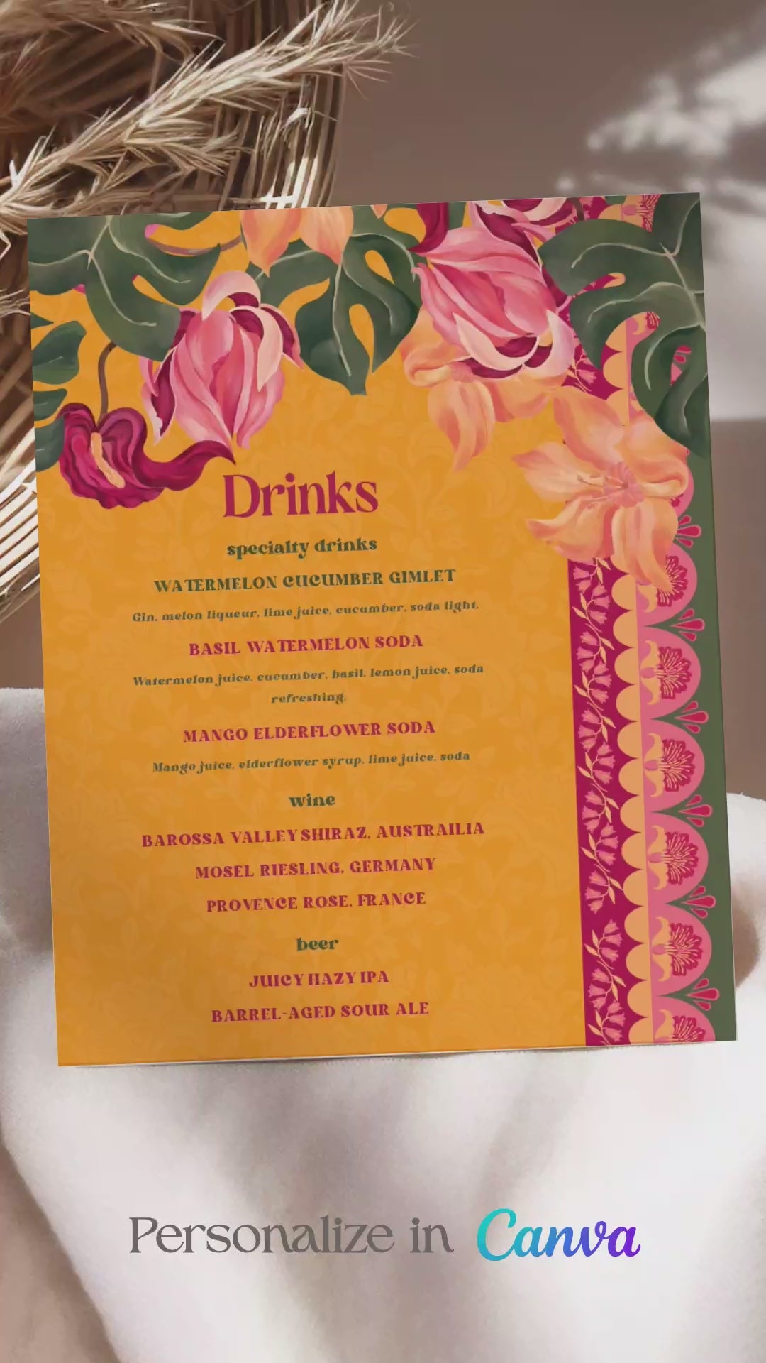 Orange, yellow & pink tropical floral Wedding Bar Sign with orange marigold florals. Pink roses. Traditional Indian wedding sign. Indian Wedding events for Sangeet, Haldi, Maiyan or Jago. Wedding Signage. Personalize and customize in Canva. Digital Download.  Print around the world at a local print shop. The bar or drinks sign. Drink menu. 8" x 10" menu design.