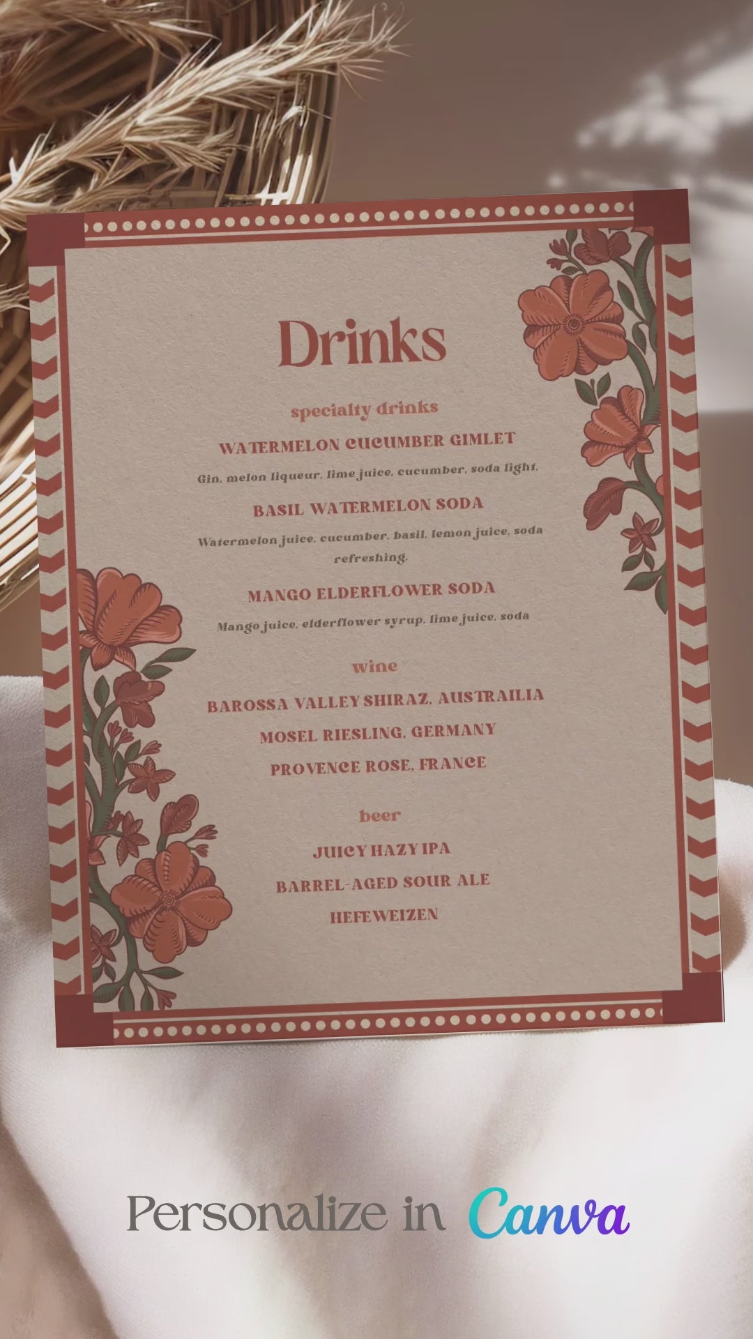 Retro Wedding Bar Menu with terracotta & rust marigold florals. Indian Wedding events for Sangeet, Haldi, Maiyan or Jago. Wedding Signage. Wedding signature drink editable menu. Canva template. The bar or drinks sign. Drink menu. 8" x 10" menu design. Personalize and customize in Canva. Digital Download.  Print around the world at a local print shop.