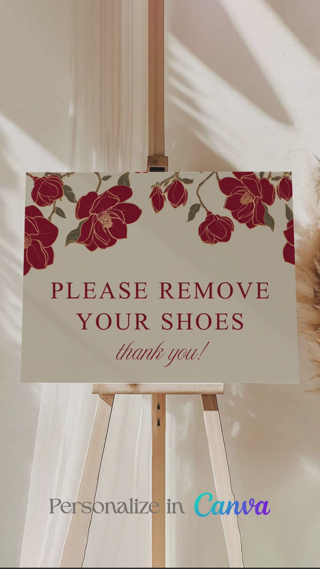 Rose Red & Gold Floral Wedding Signage with a beige background. Washroom Directional sign. Please cover your head sign for hindu and sikh weddings. Please disconnect from your device sign. Bridal Shower stationery. Baby Shower Signage. Engagement Signage. Outdoor wedding signage. Personalize and customize in Canva. Digital Download. Print anywhere in the World at your local printer