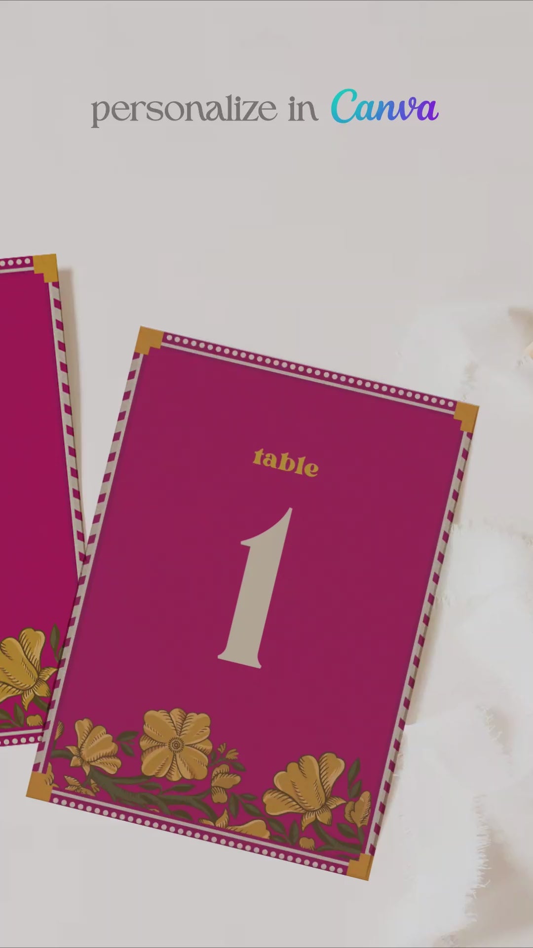 Retro Wedding table numbers with florals in the shades of hot pink, yellow, and beige. Indian Wedding Events like jago, sangeet, mehndi, haldi, chunni & maiyan. 5" x 7" printable stationery. Personalize and customize in Canva. Print at any local printer around the World.