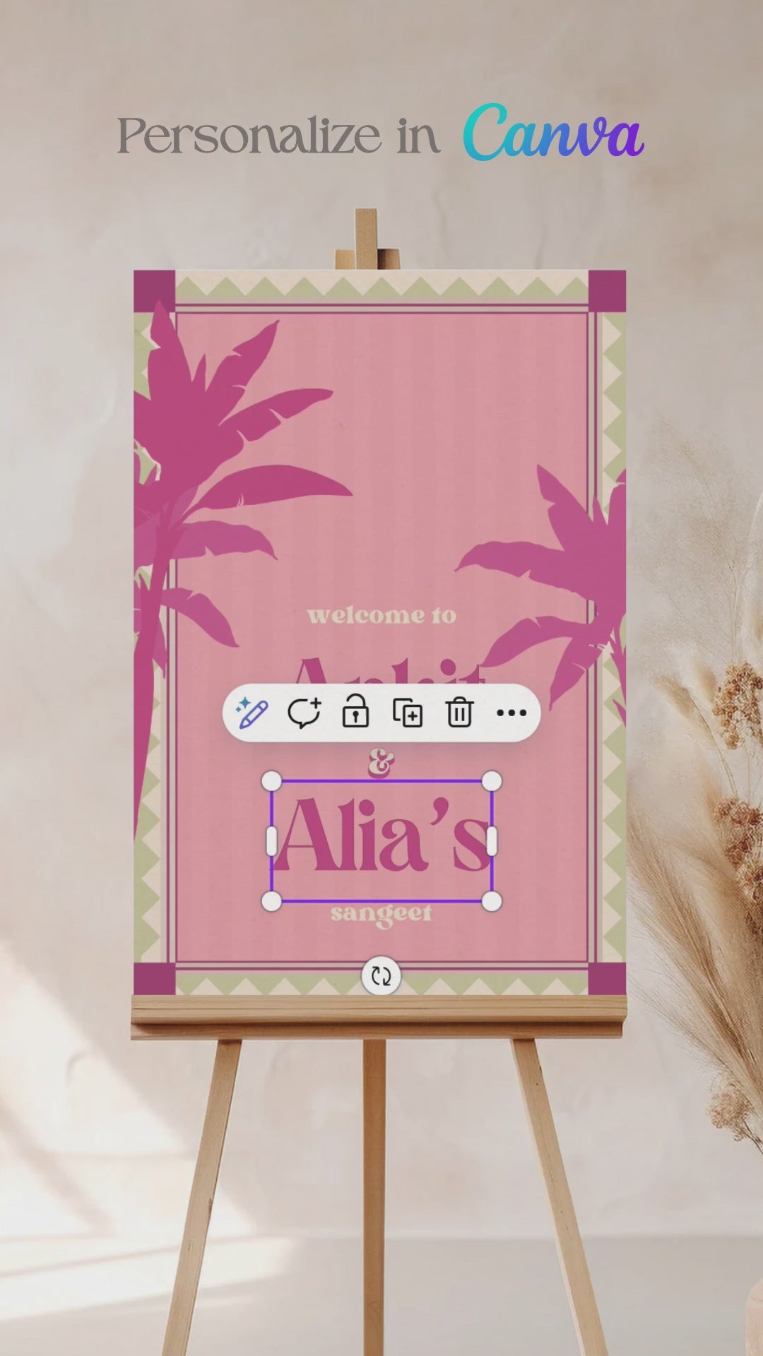 Retro Tropical Palm Tree Wedding Welcome Sign with pink & purple palm trees. In the shades of baby pink, hot pink, green & beige. Tropical Jungle theme event. Indian Wedding Events like engagement, baby shower, bridal shower, jago, sangeet, mehndi, haldi, wedding & maiyan. Personalize and customize in Canva. Print at any local printer around the World.