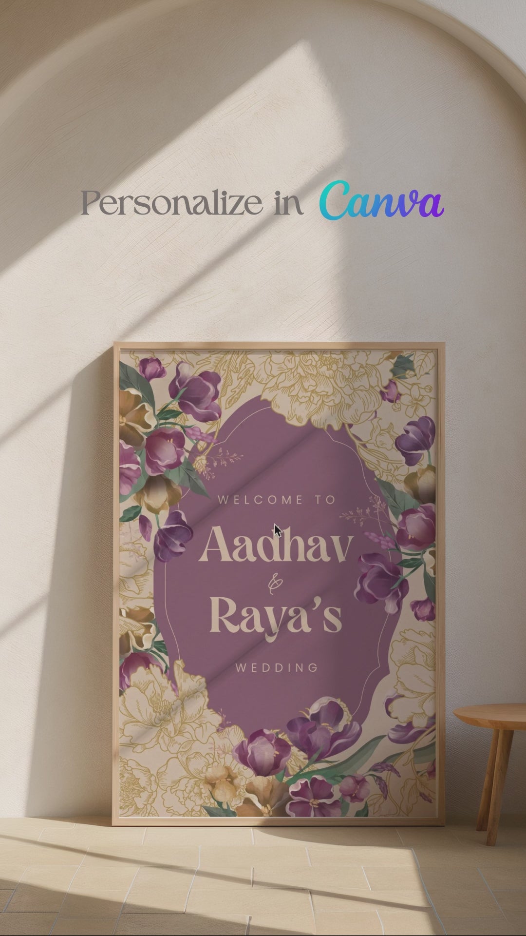 Floral Wedding Welcome Sign with purple & yellow florals. Indian Wedding events for Sangeet, Haldi, Maiyan or Jago. Wedding Signage, Anand Karaj. Personalize and customize in Canva. Digital Download.  Print around the world at a local print shop.