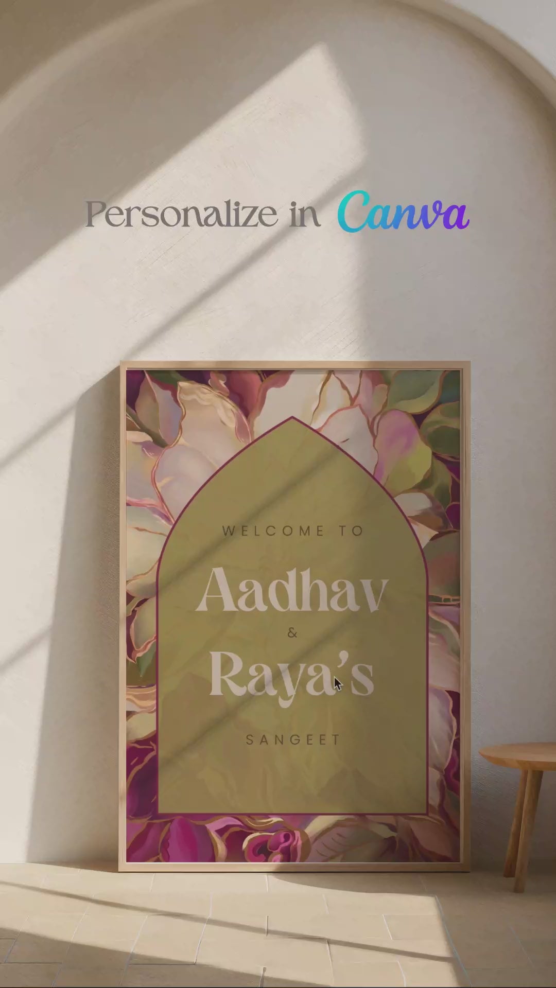 Multi-coloured floral Wedding Welcome Sign with hot pink, sage green, mehndi green & ivory florals. Indian Wedding events for Sangeet, Haldi, Maiyan or Jago. Wedding Signage. Personalize and customize in Canva. Digital Download.  Print around the world at a local print shop.