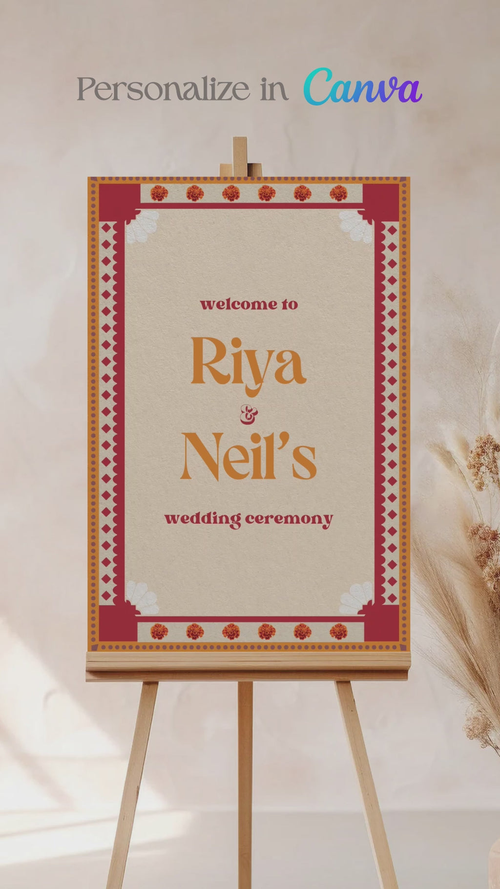Retro Floral Wedding Welcome Sign. Event Welcome Sign. Shades of orange, red and beige. Baby Shower. Orange magnolia florals. Indian Wedding. Birthday and Celebration. Engagement Stationery. Wedding Stationery. DIY Stationery. Digital Download. Canva. Indian Weddings. Reception. Personalize. Customize. Anand Karaj, Mehndi, Sangeet, Haldi