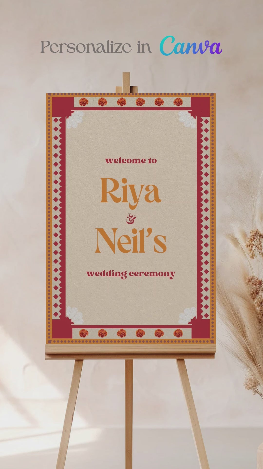 Retro Floral Wedding Welcome Sign. Event Welcome Sign. Shades of orange, red and beige. Baby Shower. Orange magnolia florals. Indian Wedding. Birthday and Celebration. Engagement Stationery. Wedding Stationery. DIY Stationery. Digital Download. Canva. Indian Weddings. Reception. Personalize. Customize. Anand Karaj, Mehndi, Sangeet, Haldi