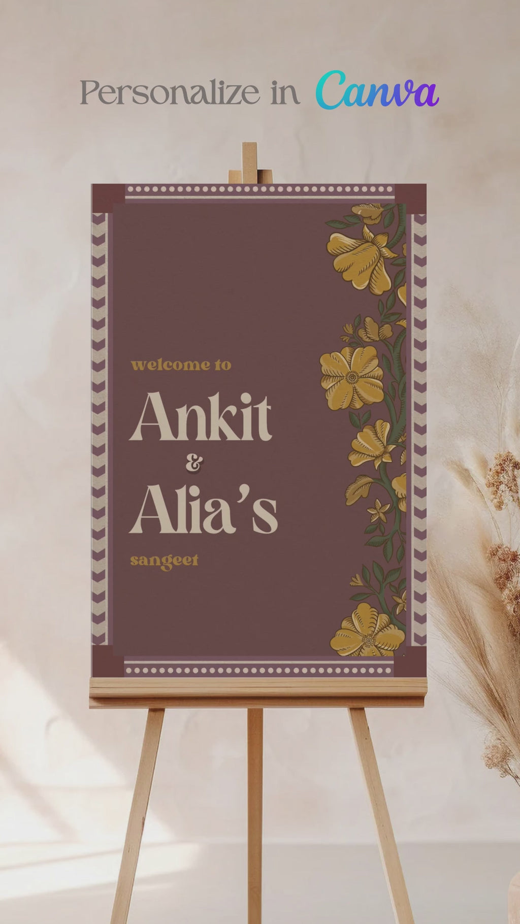Wedding Invitations. Retro Welcome Sign. Indian Wedding Invites. Event Welcome Sign. Wine Purple, Yellow and beige colours. Yellow florals. Birthday and Celebration. Wedding Ceremony. Engagement Sign. Wedding Stationery. DIY Stationery. Digital Download. Canva. Indian Weddings. Anand Karaj. Sangeet. Chunni. Mehndi, Haldi. Personalize. Customize.
