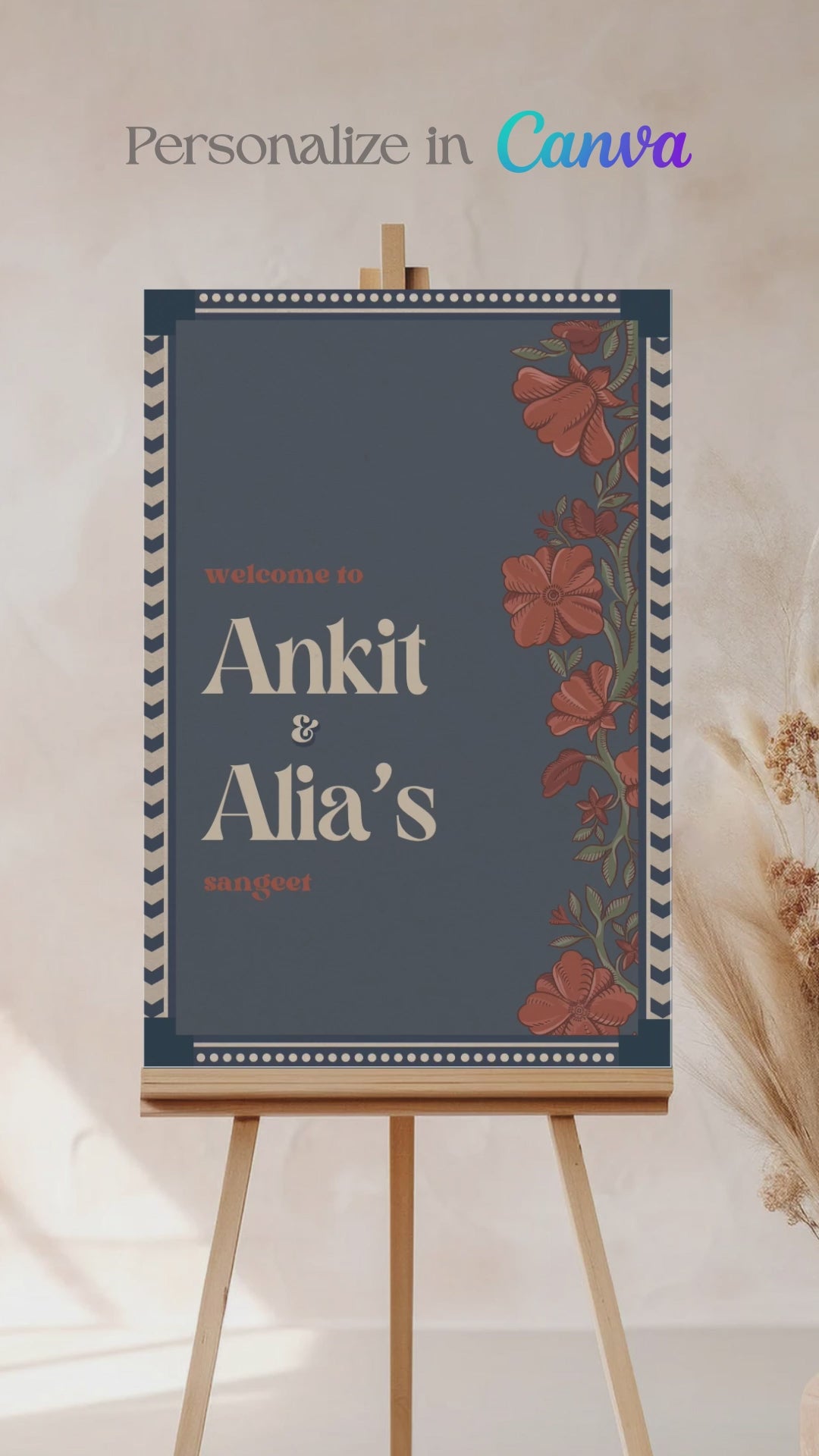 Wedding Invitations. Retro Welcome Sign. Indian Wedding Invites. Invitation set. Wedding and Event Welcome Sign. Blue and rust orange colours. Orange florals. Birthday and Celebration. Wedding Ceremony. Engagement Sign. Wedding Stationery. DIY Stationery. Digital Download. Canva. Indian Weddings. Anand Karaj. Sangeet. Chunni. Personalize. Customize