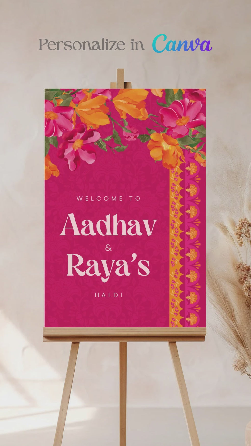 Orange, yellow & pink retro Wedding Welcome Sign with orange marigold florals. Pink roses. Tradiitonal Indian wedding sign. Indian Wedding events for Sangeet, Haldi, Maiyan or Jago. Wedding Signage. Personalize and customize in Canva. Digital Download.  Print around the world at a local print shop.