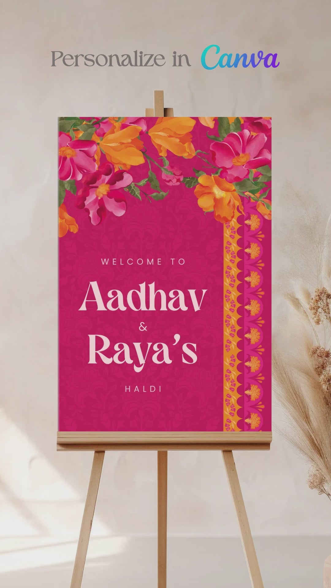 Orange, yellow & pink retro Wedding Welcome Sign with orange marigold florals. Pink roses. Tradiitonal Indian wedding sign. Indian Wedding events for Sangeet, Haldi, Maiyan or Jago. Wedding Signage. Personalize and customize in Canva. Digital Download.  Print around the world at a local print shop.