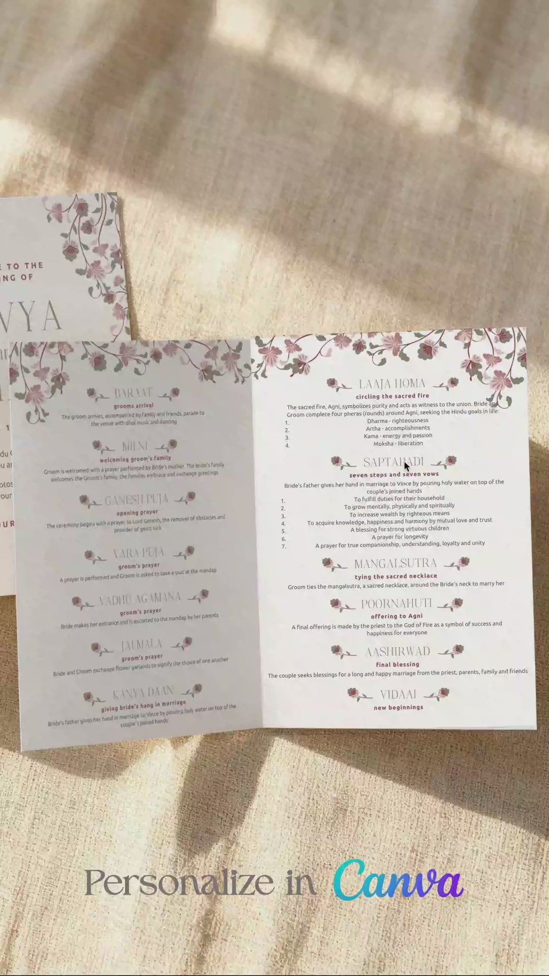 Jaipur-inspired Wedding folded program card in the shades of maroon, pink, mehndi green, and white. With maroon & pink florals & Indian elephants. Jaipur block print artwork. It is inspired by Jaipuri style design and art. Sized at 5" x 7" with front and back design options. Indian Wedding Invitation Set. Personalize and customize in Canva. Print at any local printer around the World. Florals & Birds
