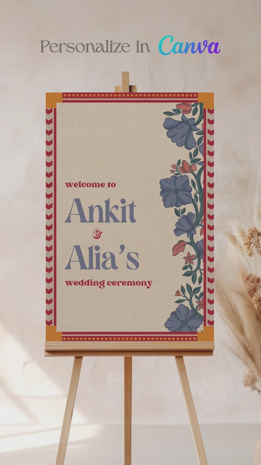 Retro Floral Wedding Welcome Sign. Event Welcome Sign. Shades of blue, red and beige. Blue florals. Baby Shower. Indian Wedding. Birthday and Celebration. Engagement Stationery. Wedding Stationery. DIY Stationery. Digital Download. Canva. Indian Weddings. Reception. Personalize. Customize. Anand Karaj, Mehndi, Sangeet, Haldi