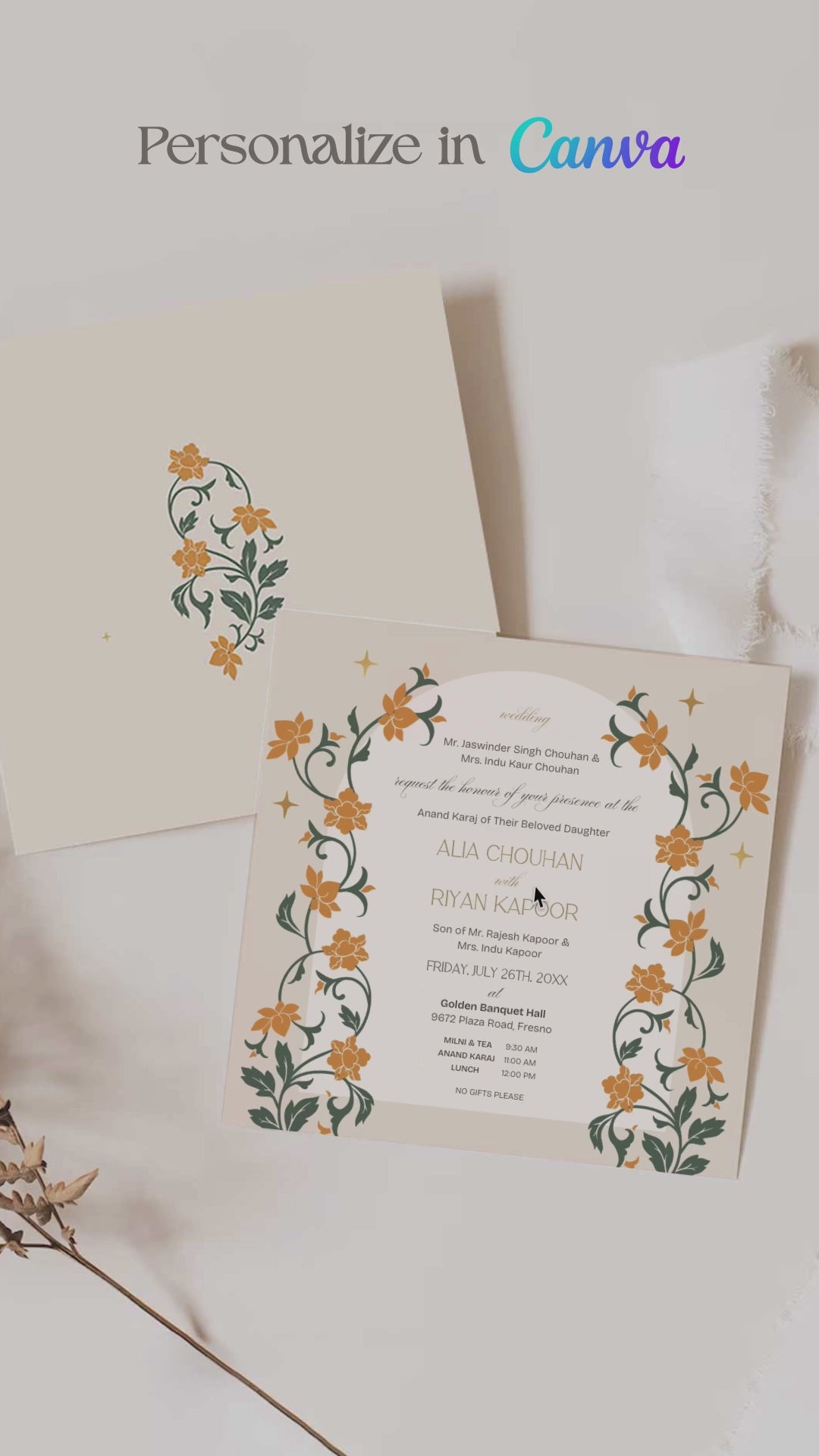 Floral Wedding Invitation Set in the shades of yellow, green, and beige. With orange marigold floral. Arched Design. Indian Wedding Invitation Set. Personalize and customize in Canva. Print at any local printer around the World. Florals & Birds