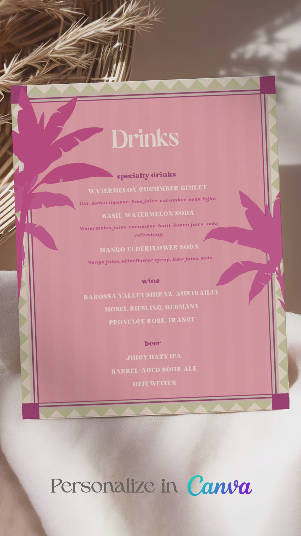 Tropical Summer Beach Wedding Bar Menu with pink palm trees & stripes. Reception bar menu. Birthday dink menu. Editable drink menu in Canva. Indian Wedding events for Sangeet, Haldi, Maiyan or Jago. Wedding Signage. The bar or drinks sign. Drink menu. 8" x 10" menu design. Personalize and customize in Canva. Digital Download.  Print around the world at a local print shop.