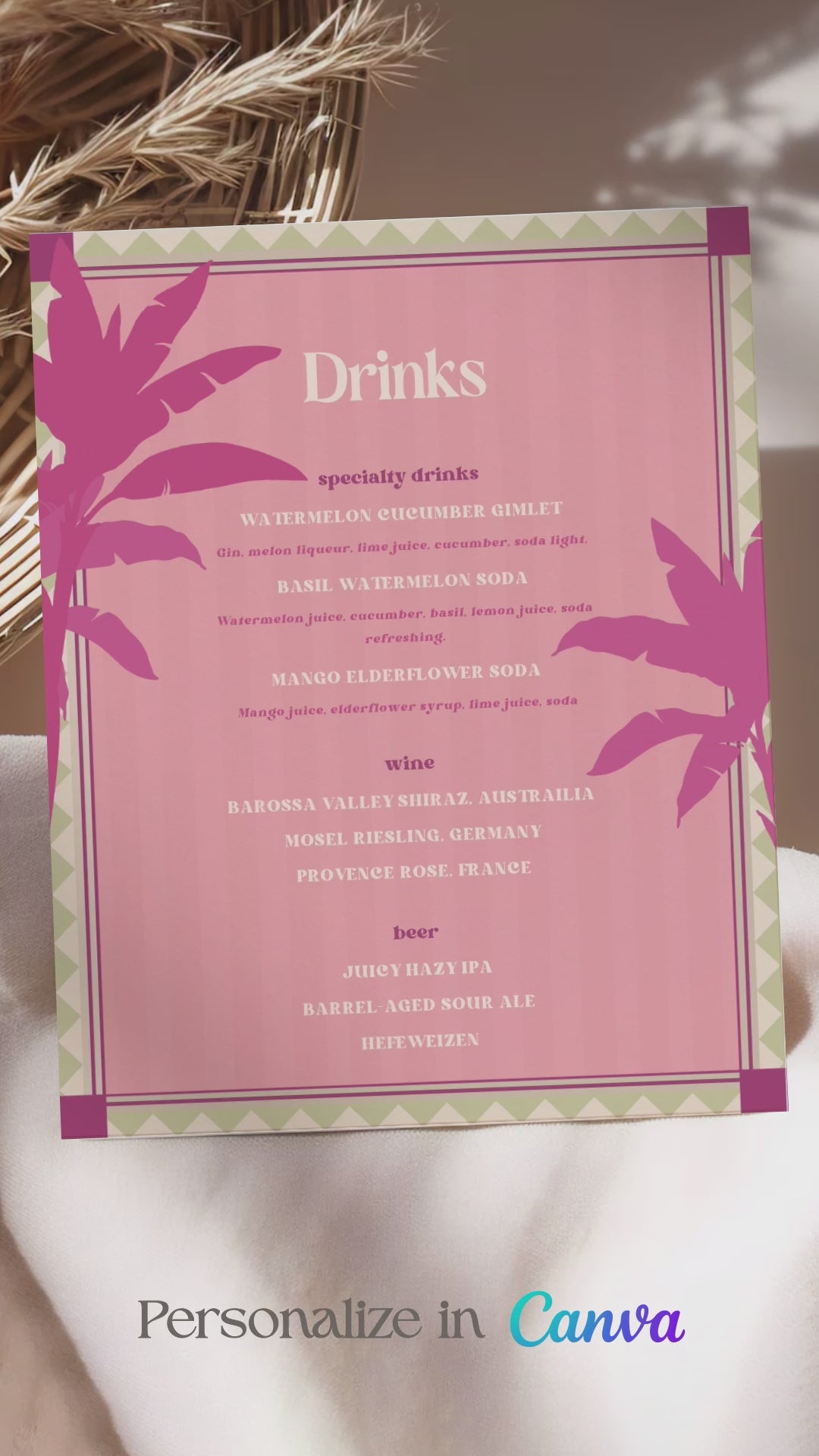 Tropical Summer Beach Wedding Bar Menu with pink palm trees & stripes. Reception bar menu. Birthday dink menu. Editable drink menu in Canva. Indian Wedding events for Sangeet, Haldi, Maiyan or Jago. Wedding Signage. The bar or drinks sign. Drink menu. 8" x 10" menu design. Personalize and customize in Canva. Digital Download.  Print around the world at a local print shop.