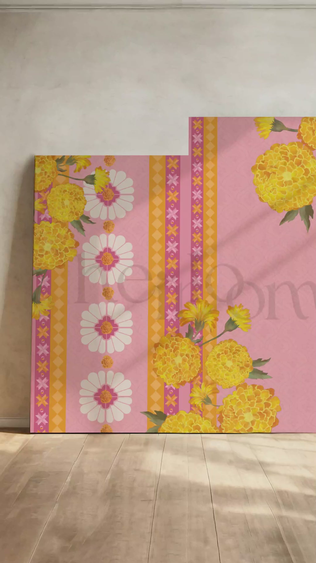 Indian Wedding decor backdrop in pink and yellow. With yellow monograms and white florals. Event signage. Printable backdrops for main stages and photo ops. Stationery for various event celebrations. Wedding, engagement, sangeet, haldi, mehndi, jaggo, maiyan, chunni, choora. Personalize and customize in Canva. Print at any local printer around the World. Wine purple, mauve. Textured florals