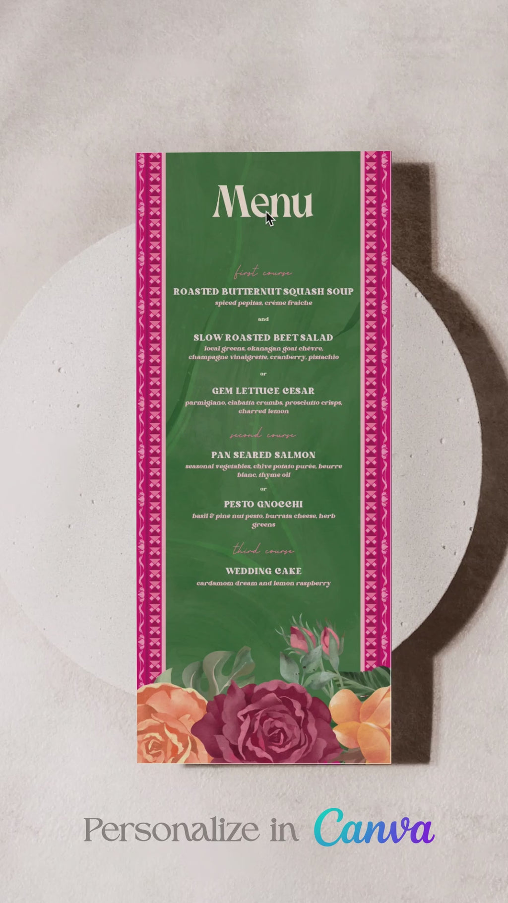 Green &, shades of pink tropical jungle & floral wedding menu with florals. Pink, red & orange roses. Tradiitonal Indian wedding sign. Indian Wedding events for Sangeet, Haldi, Maiyan or Jago. Wedding Signage. Personalize and customize in Canva. Digital Download.  5" x 7". Print around the world at a local print shop.