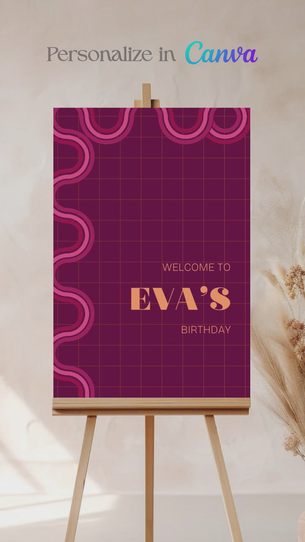90s Retro Welcome Sign with waves & curves in the shades of pink, & yellow. Birthday Events, themed corporate events. Indian Wedding Events. Personalize and customize in Canva. Print at any local printer around the World.
