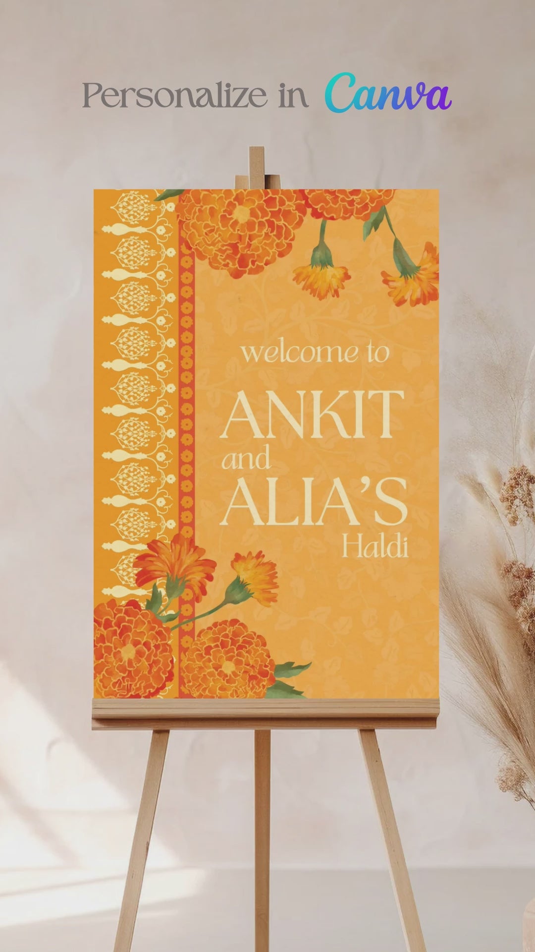 Floral Wedding Welcome Sign. Event Welcome Sign. Shades of Orange, yellow and beige. Orange magnolia florals. Baby Shower. Indian Wedding. Birthday and Celebration. Engagement Stationery. Wedding Stationery. DIY Stationery. Digital Download. Canva. Indian Weddings. Reception. Personalize. Customize. Anand Karaj, Mehndi, Sangeet, Haldi