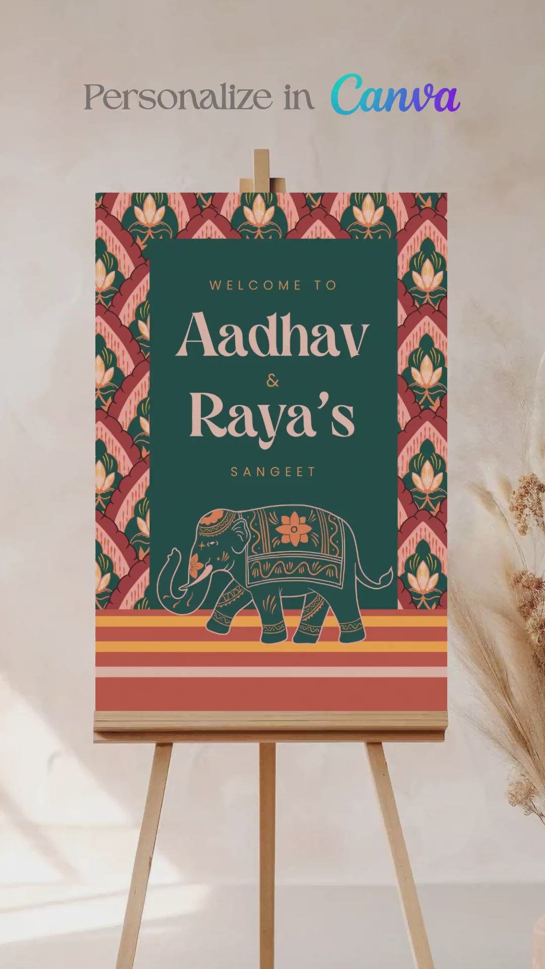 Indian Elephant Wedding Welcome Sign with motifs of lotus flower. In the shades of red, orange, yellow & teal. Indian Wedding Events like jago, sangeet, mehndi, haldi, chunni & maiyan. Digital template, instant download, printable file. Personalize and customize in Canva. Print at any local printer around the World. Digital Templates, printable templates.