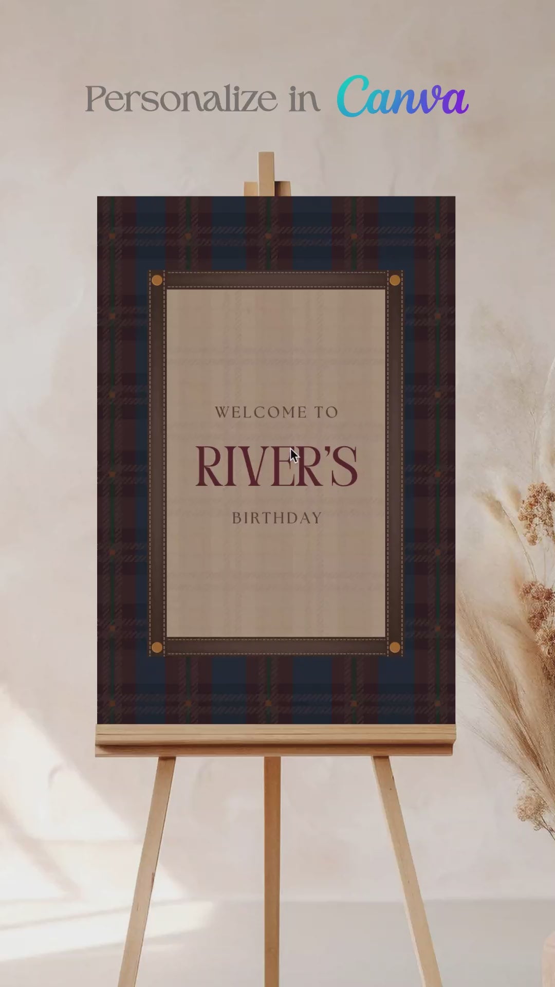 Ralph Lauren Plain birthday welcome sign in a minimalistic style. Event signage. In a blue, brown & red plaid design. Stationery for various event celebrations. Wedding, engagement stationery. Personalize and customize in Canva. Print at any local printer around the World. rust red, copper red, berry red, cranberry red.