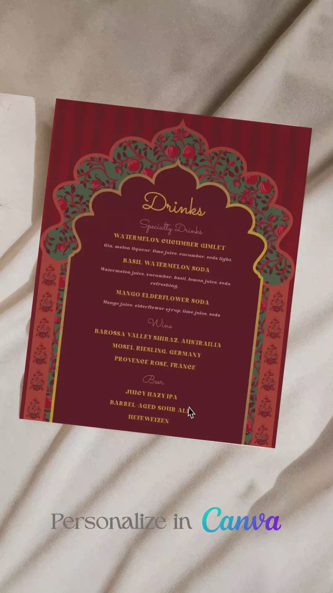 Arched Wedding Drink Menu with yellow & orange marigold florals and Pomegranates. 8" x 10" Indian Wedding event signage for Sangeet, Haldi, Maiyan or Jago. Wedding Signage. Personalize and customize in Canva. Digital Download.  Print around the world at a local print shop.