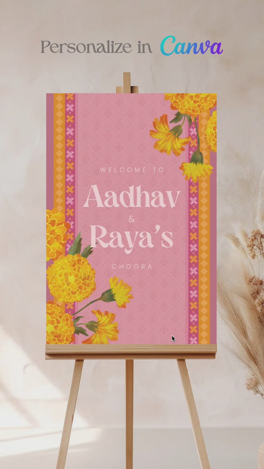Orange, yellow & soft pink retro Wedding Welcome Sign with orange & yellow marigold florals. Pink roses. Tradiitonal Indian wedding sign. Indian Wedding events for Sangeet, Haldi, Maiyan or Jago. Wedding Signage. Personalize and customize in Canva. Digital Download.  Print around the world at a local print shop.