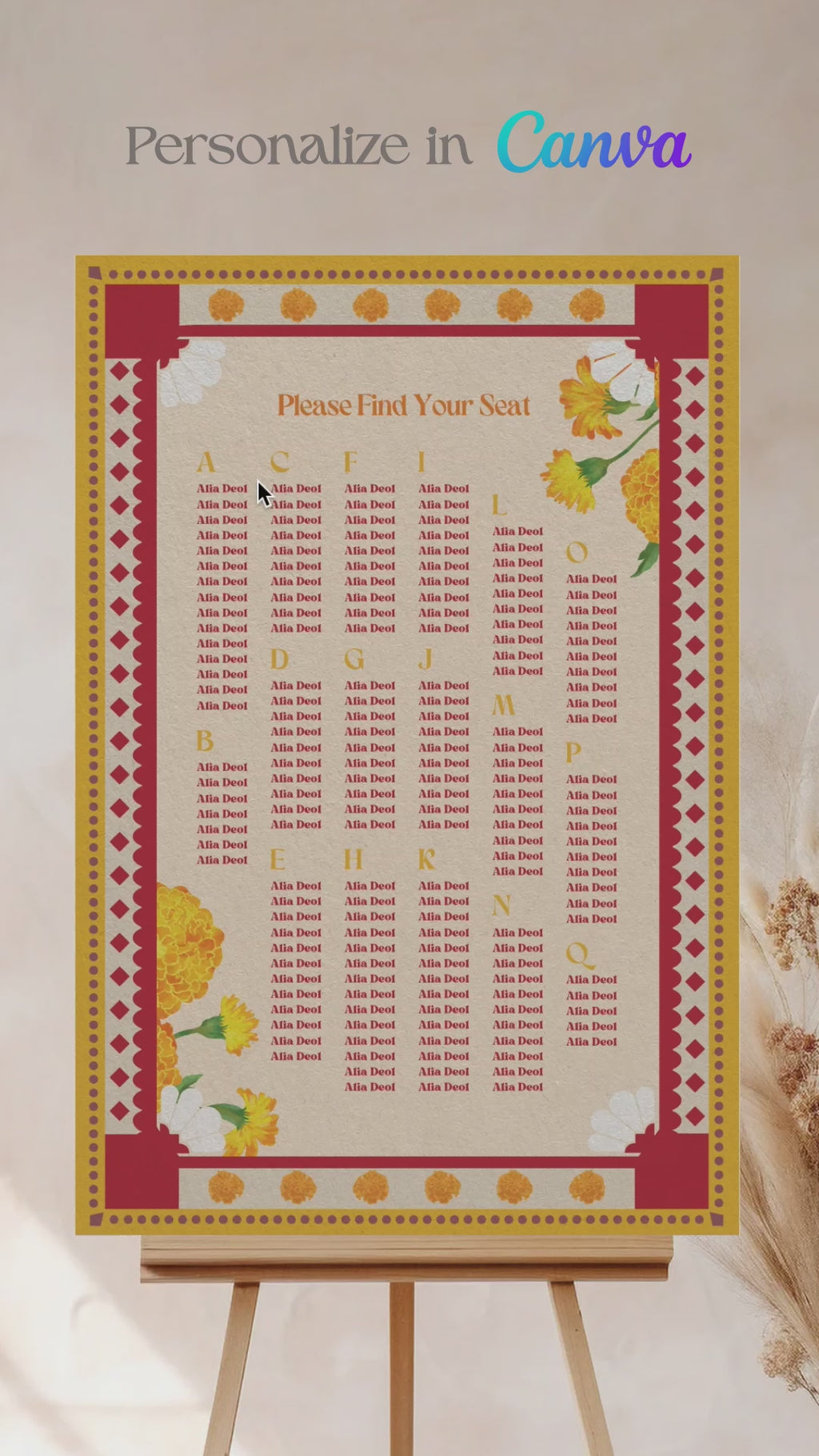 Retro Wedding Seating Chart with yellow & orange marigold florals. Indian Wedding events for Sangeet, Haldi, Maiyan or Jago. Wedding Signage. Personalize and customize in Canva. Digital Download.  Print around the world at a local print shop.