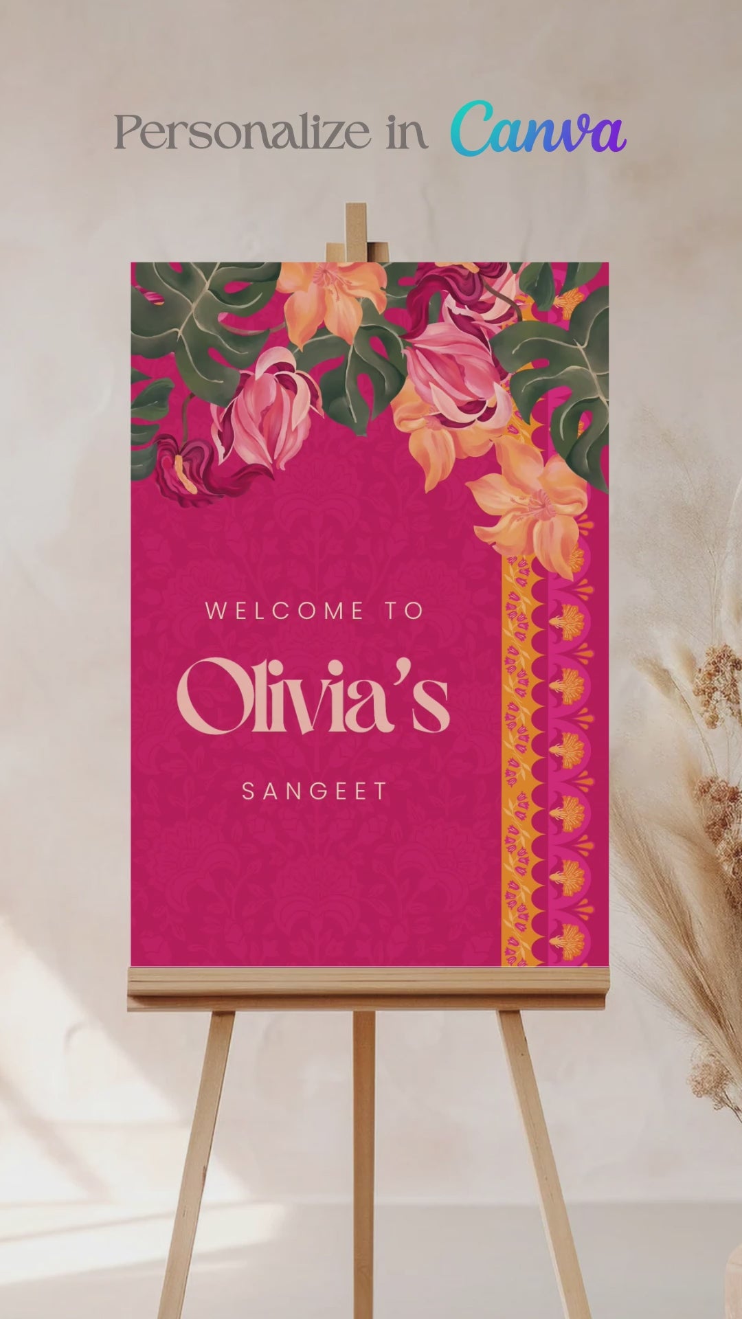Orange, yellow & pink tropical floral Wedding Welcome Sign with orange marigold florals. Pink roses. Traditional Indian wedding sign. Indian Wedding events for Sangeet, Haldi, Maiyan or Jago. Wedding Signage. Personalize and customize in Canva. Digital Download.  Print around the world at a local print shop.