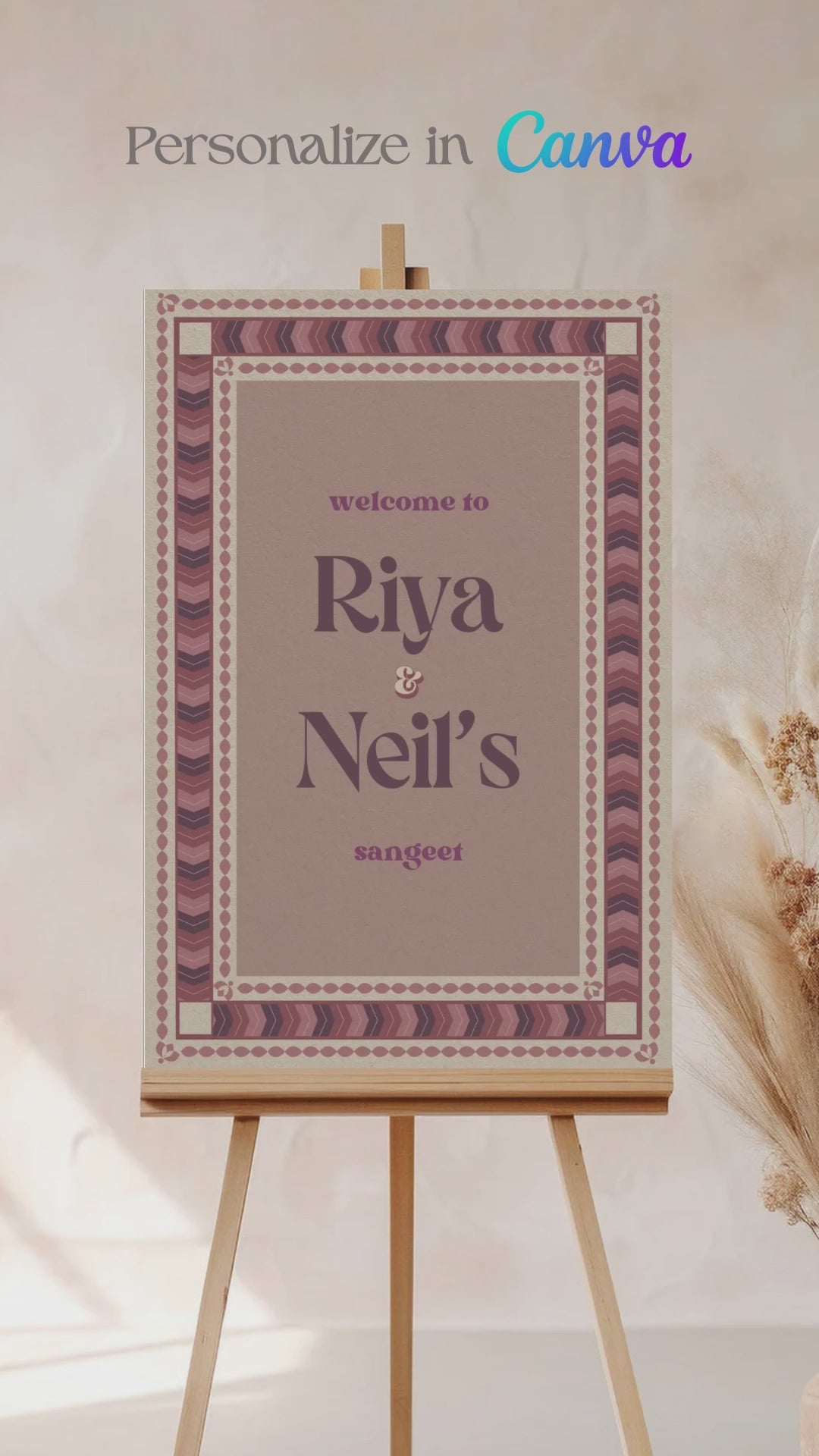 Retro Wedding Welcome Sign. Event Welcome Sign. Shades of purple, mauve and beige. Chevron Pattern. Baby Shower. Birthday and Celebration. Engagement Stationery. Wedding Stationery. DIY Stationery. Digital Download. Canva. Indian Weddings. Reception. Personalize. Customize. Anand Karaj, Mehndi, Sangeet, Haldi