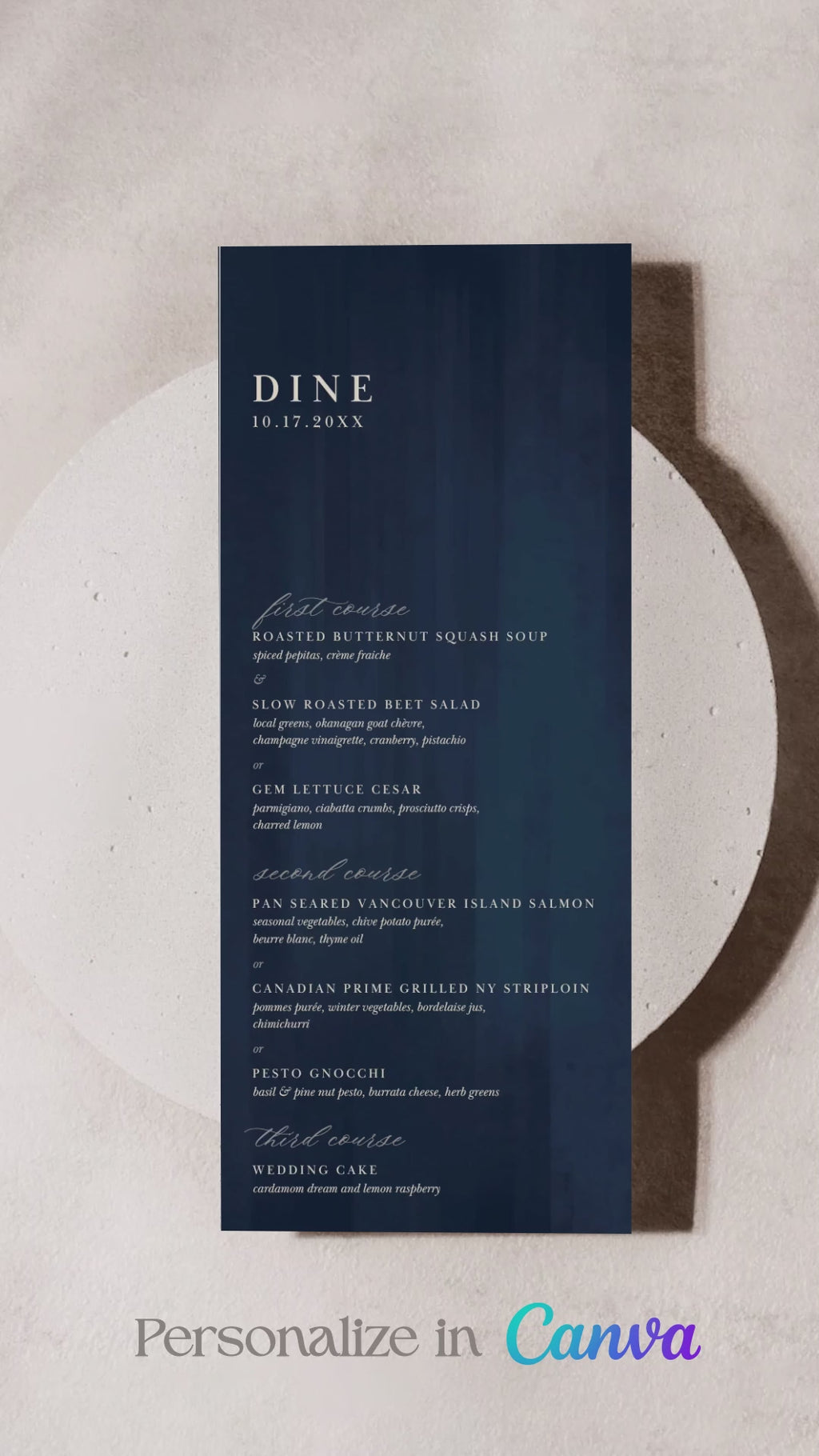 Elegant Wedding Dinner Menu. Event Food Menu. Navy blue texture. Cursive font. Baby Shower. Birthday and Celebration. Engagement Stationery. Wedding Stationery. DIY Stationery. Digital Download. Canva. Indian Weddings. Reception. Personalize. Customize.