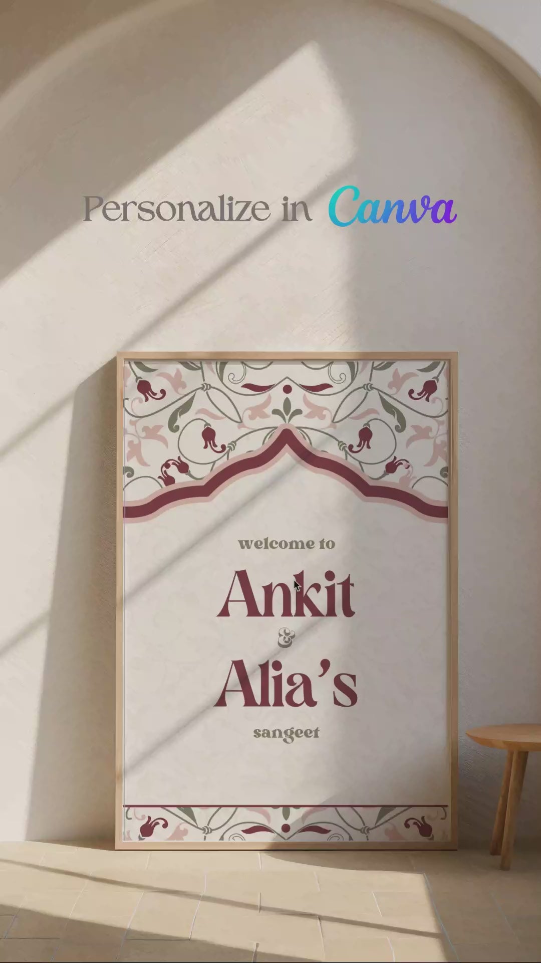 Arched Jaipur Palace Block Print Wedding Welcome Sign with marble and stone tiled work. Indian Wedding events for Sangeet, Haldi, Maiyan or Jago. Wedding Signage. Personalize and customize in Canva. Digital Download.  Print around the world at a local print shop.