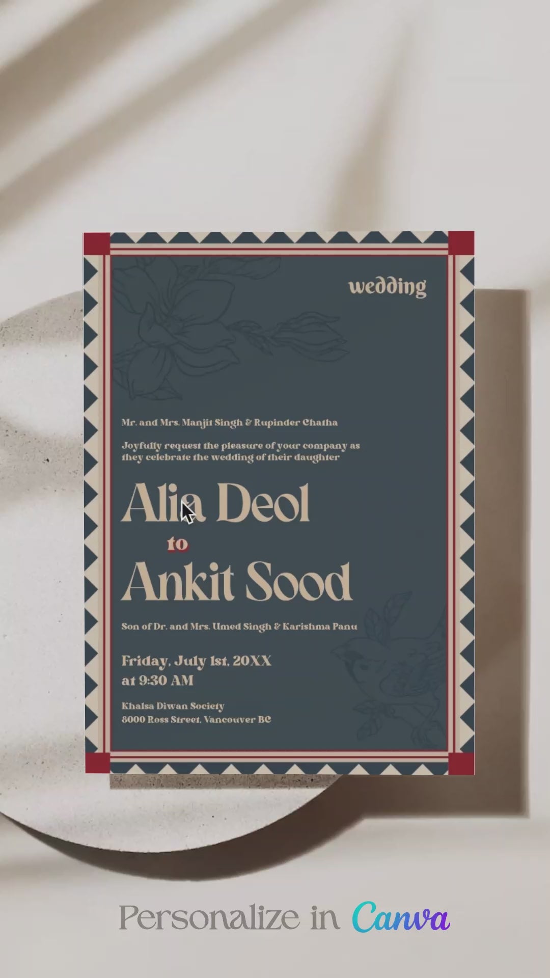 Retro Wedding Invitation Set in the shades of blue, orange, red, pink, beige and green colours. With orange marigold floral. Jaipur block print artwork. It has line drawn florals and birds. Sized at 5 inches x 7 inches with front and back design options. Indian Wedding Invitation Set. Personalize and customize in Canva. Print at any local printer around the World. Florals & Birds