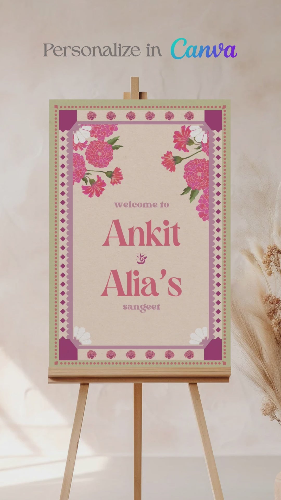Pink & Purple Retro Wedding Welcome Sign with pink marigold florals. Pastel colours. Indian Wedding events for Sangeet, Haldi, Maiyan or Jago. Wedding Signage. Personalize and customize in Canva. Digital Download.  Print around the world at a local print shop.