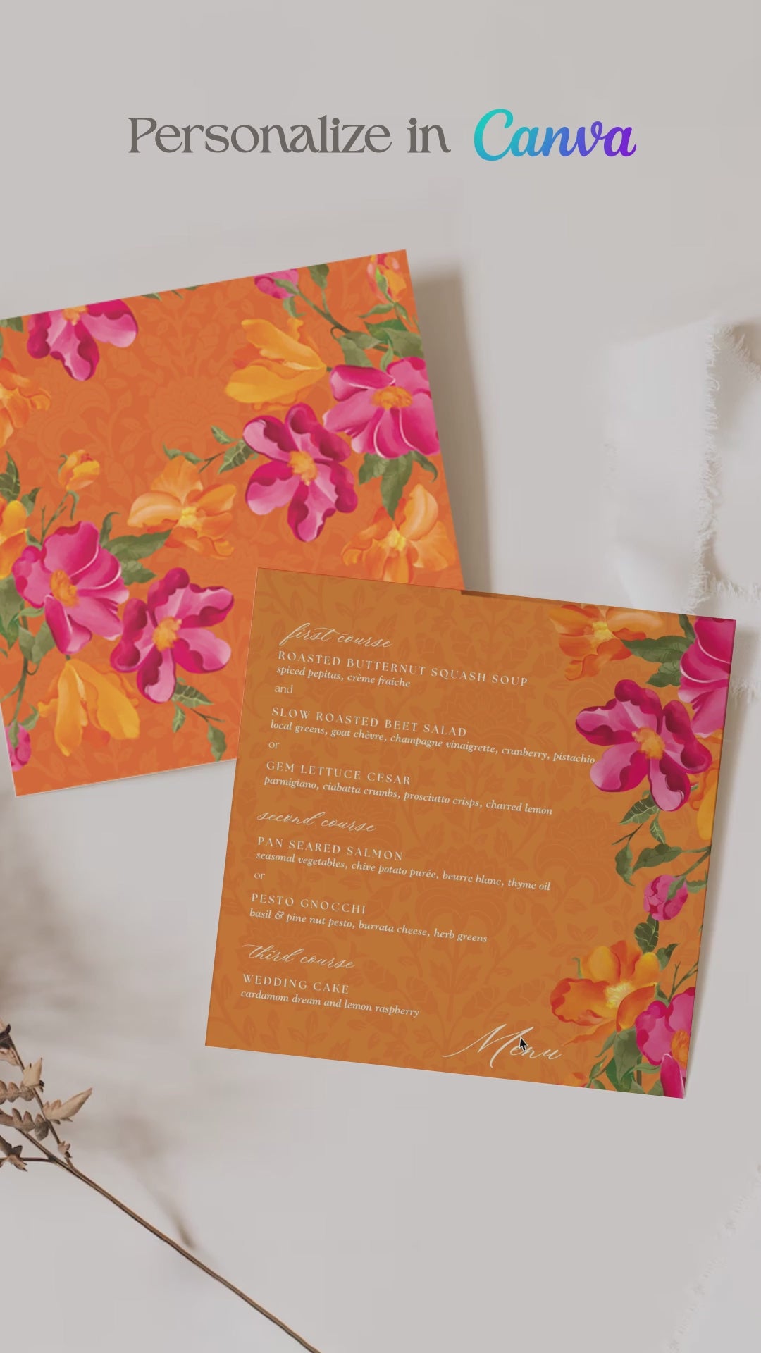 Hot Pink & Yellow Floral square menu for event celebrations. Wedding dinner menu. Soft green. Signage for various celebrations. Weddings, Engagement, Baby Shower, Birthdays, Maiyan, Jaggo, Mehndi, Sangeet. Indian Weddings and celebrations. Pre-Wedding event. Personalize and customize in Canva. Print at any local printer around the World