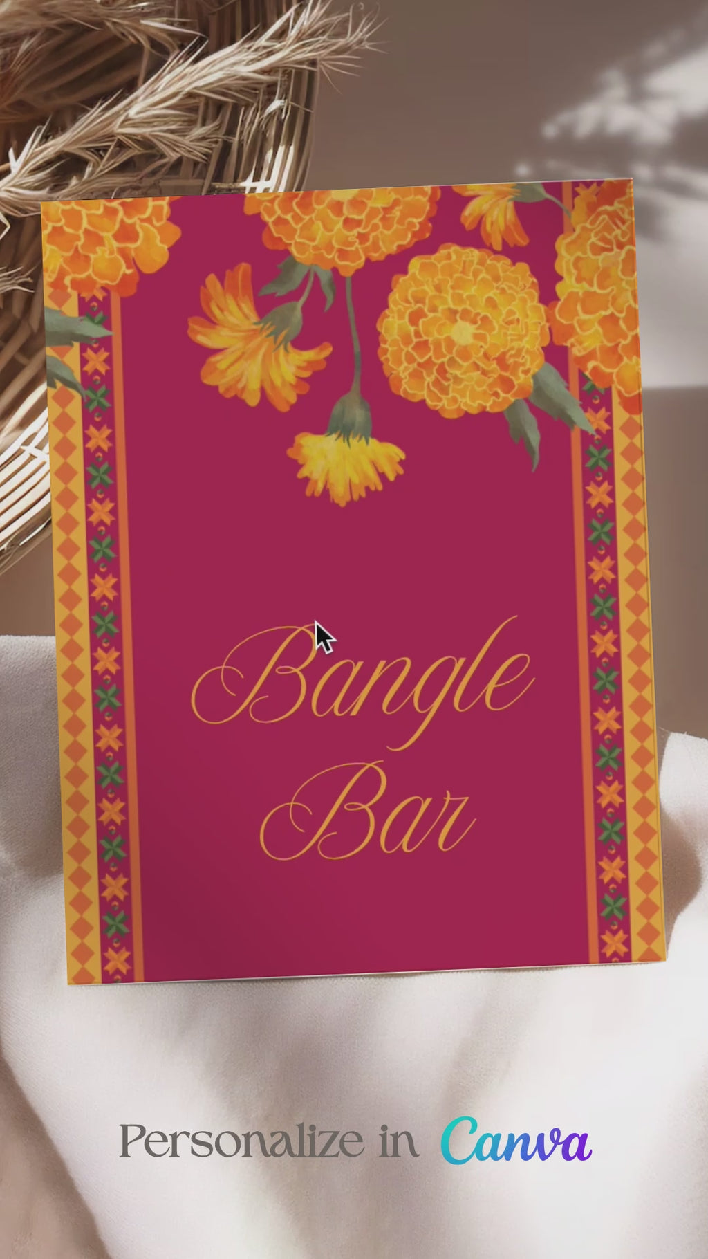 Wedding Stationery Sign with marigold florals in the shades of yellow, orange & green phulkari. Bangle Station, Bindi Bar, Jhumka Bar, Mehndi Station, Chai Station. Personalize and customize in Canva. Print at any local printer around the World.