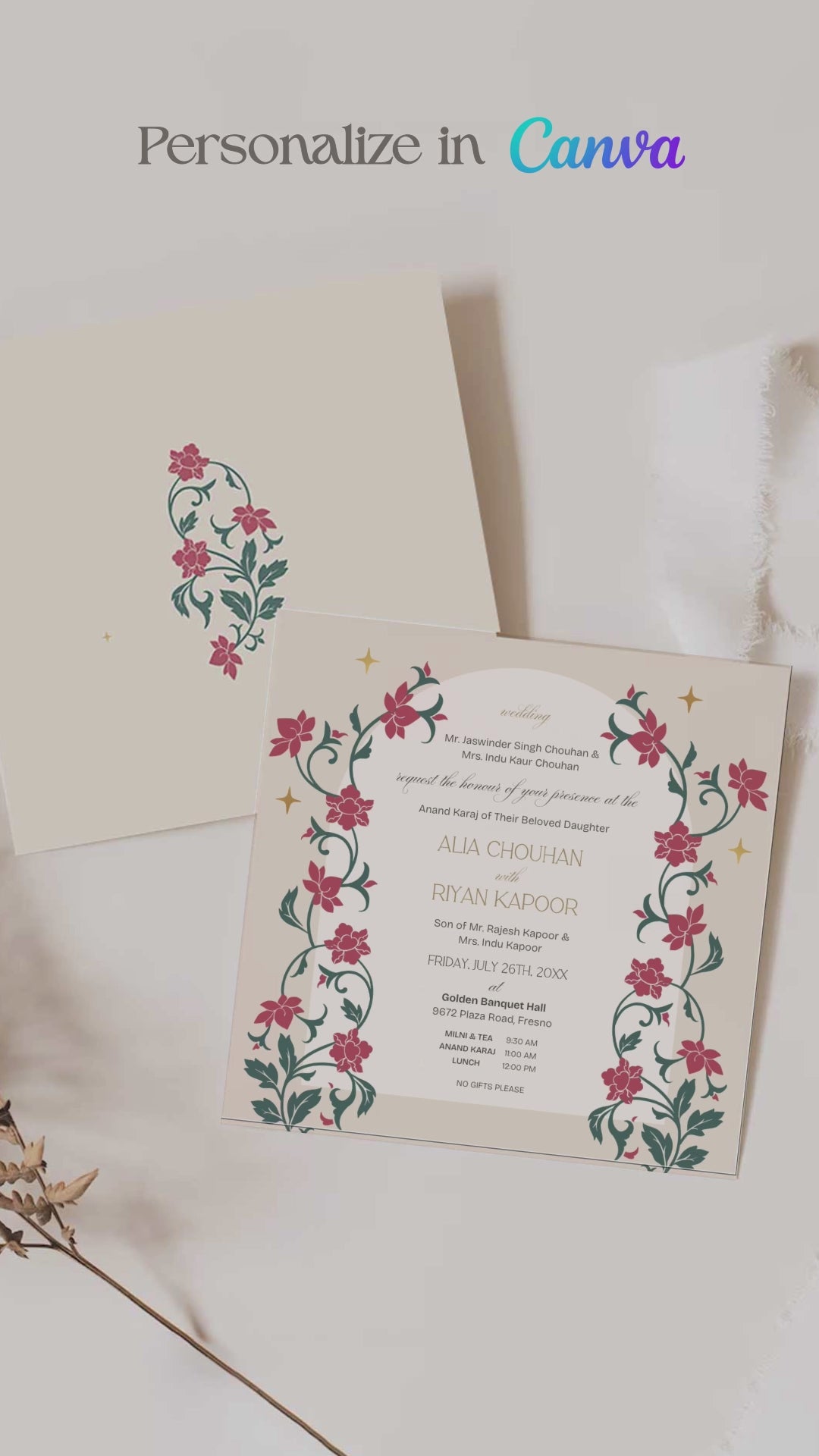 Floral Wedding Invitation Set in the shades of pink, green, and beige. With orange marigold floral. Arched Design. Indian Wedding Invitation Set. Personalize and customize in Canva. Print at any local printer around the World. Florals & Birds