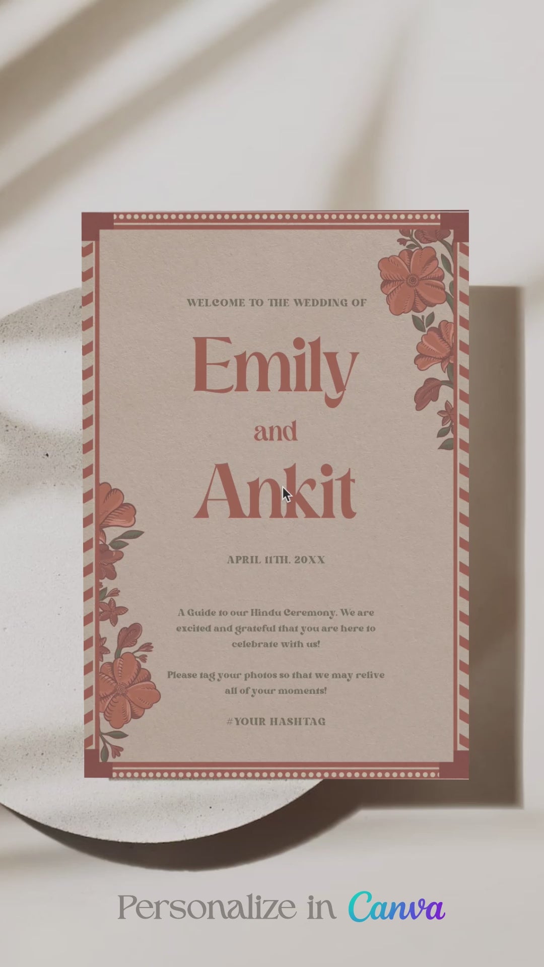 Retro Wedding Program Card with florals in the shades of burnt orange, mehndi green, and beige. Wedding Ceremony step-by-step of a hindu, sikh, tamil, gujarati ceremony. Indian Wedding Events like jago, sangeet, mehndi, haldi, chunni & maiyan. Personalize and customize in Canva. Print at any local printer around the World.