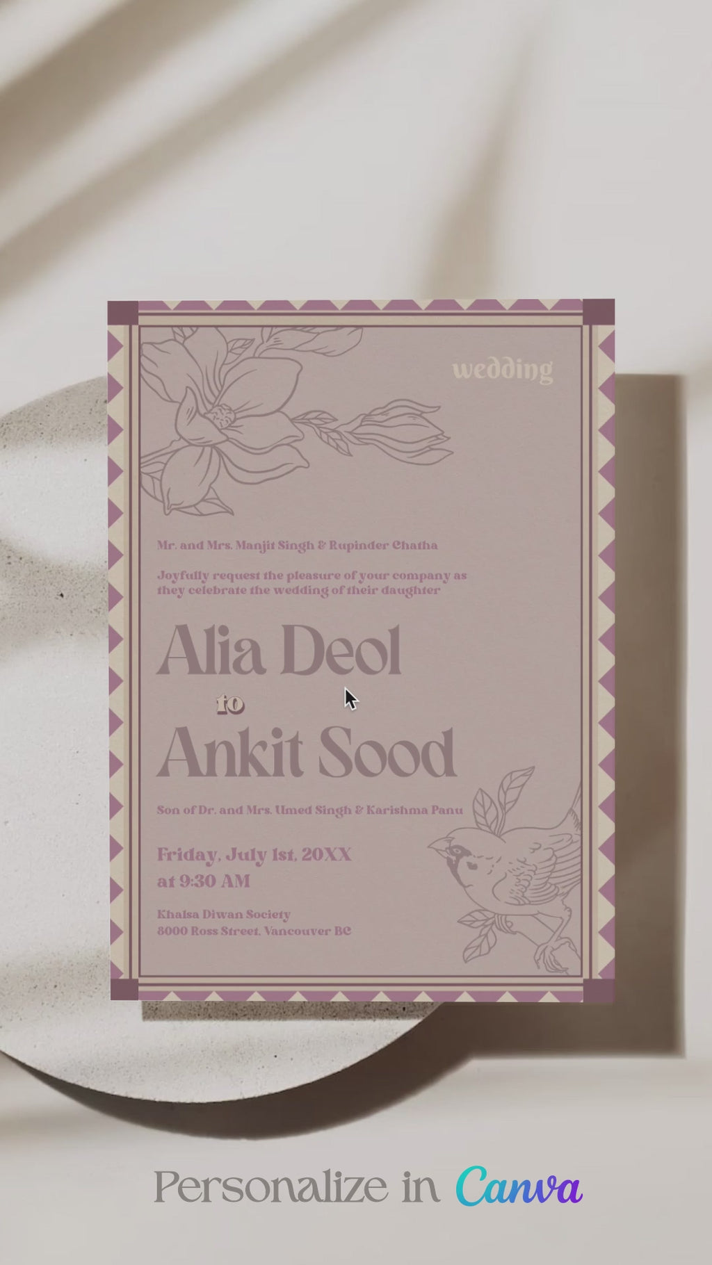 Retro Wedding Invitation Set in the shades of mehndi green, purple, wine purple, and beige. With pink marigold floral.Indian Wedding Invitation Set. Personalize and customize in Canva. Print at any local printer around the World. Florals & Birds